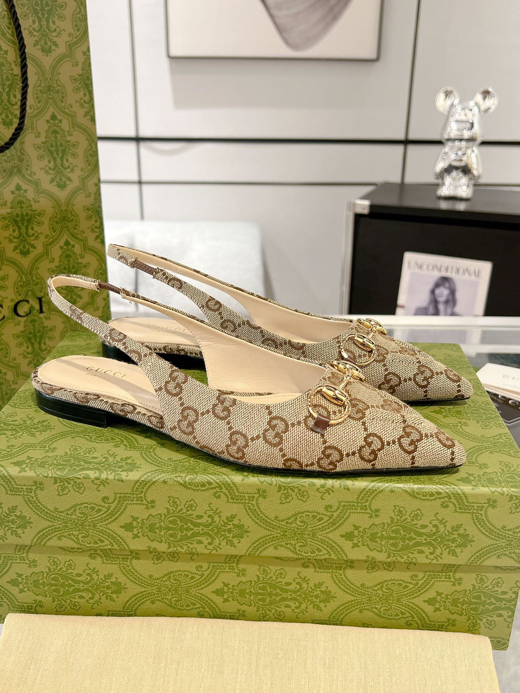 GUCCI HORSEBIT SLINGBACK BALLET FLAT TAN BEIGE CANVAS