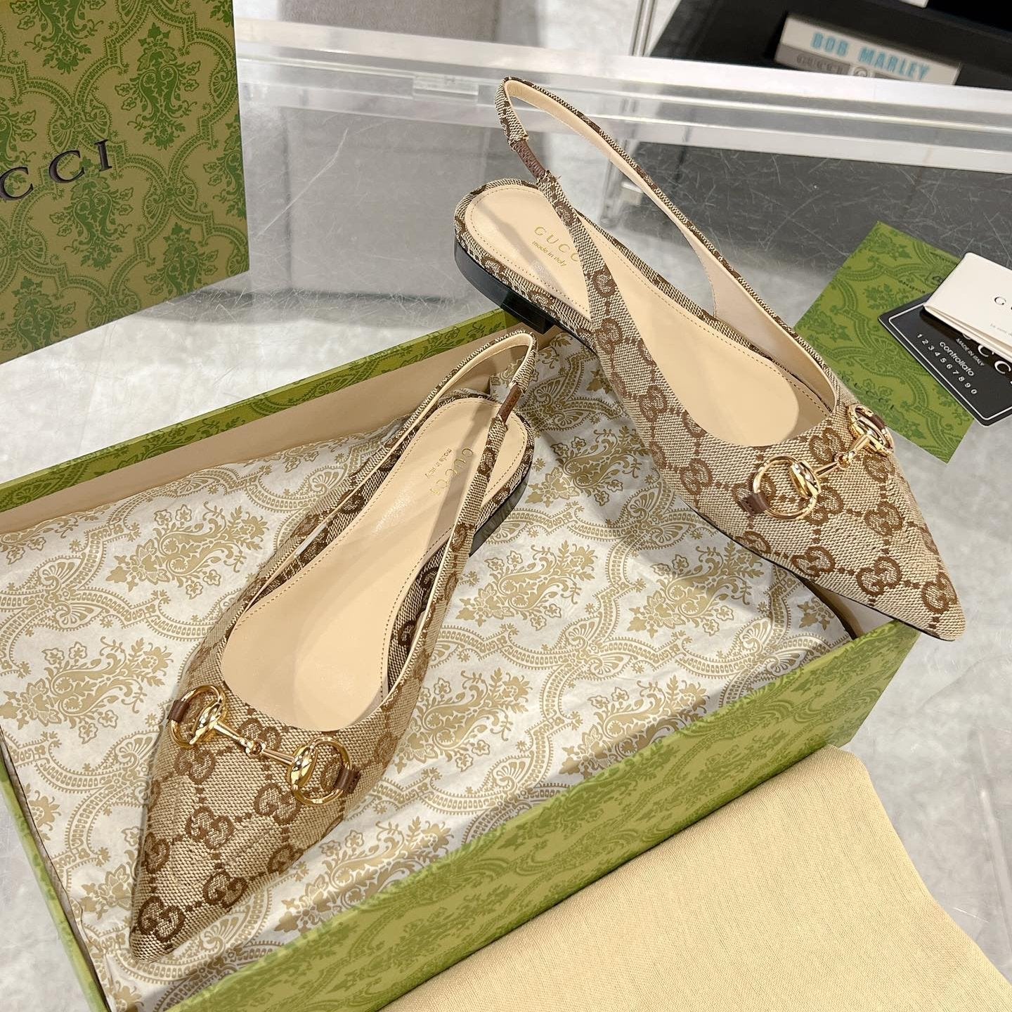 GUCCI HORSEBIT SLINGBACK BALLET FLAT TAN BEIGE CANVAS