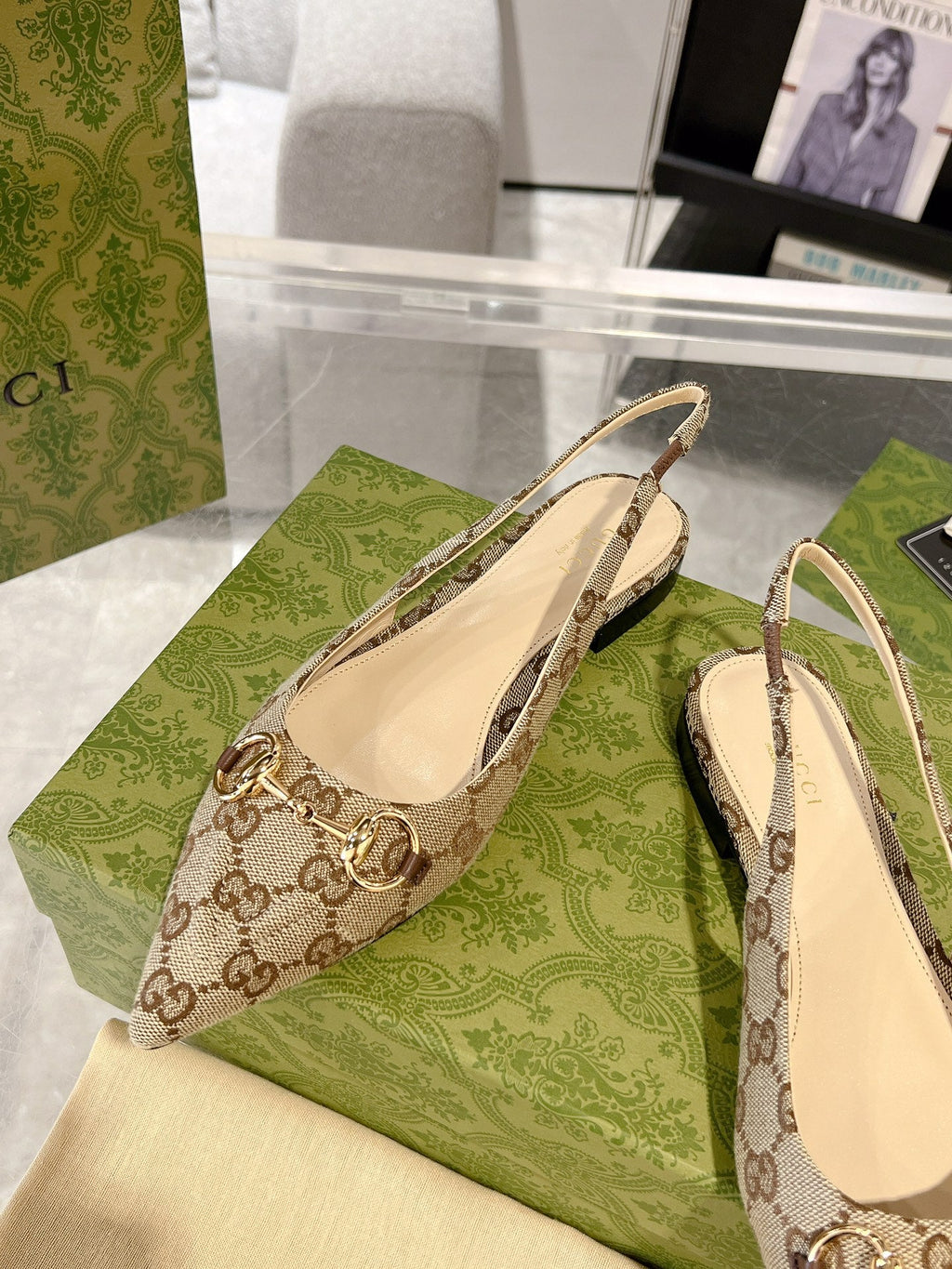 GUCCI HORSEBIT SLINGBACK BALLET FLAT TAN BEIGE CANVAS