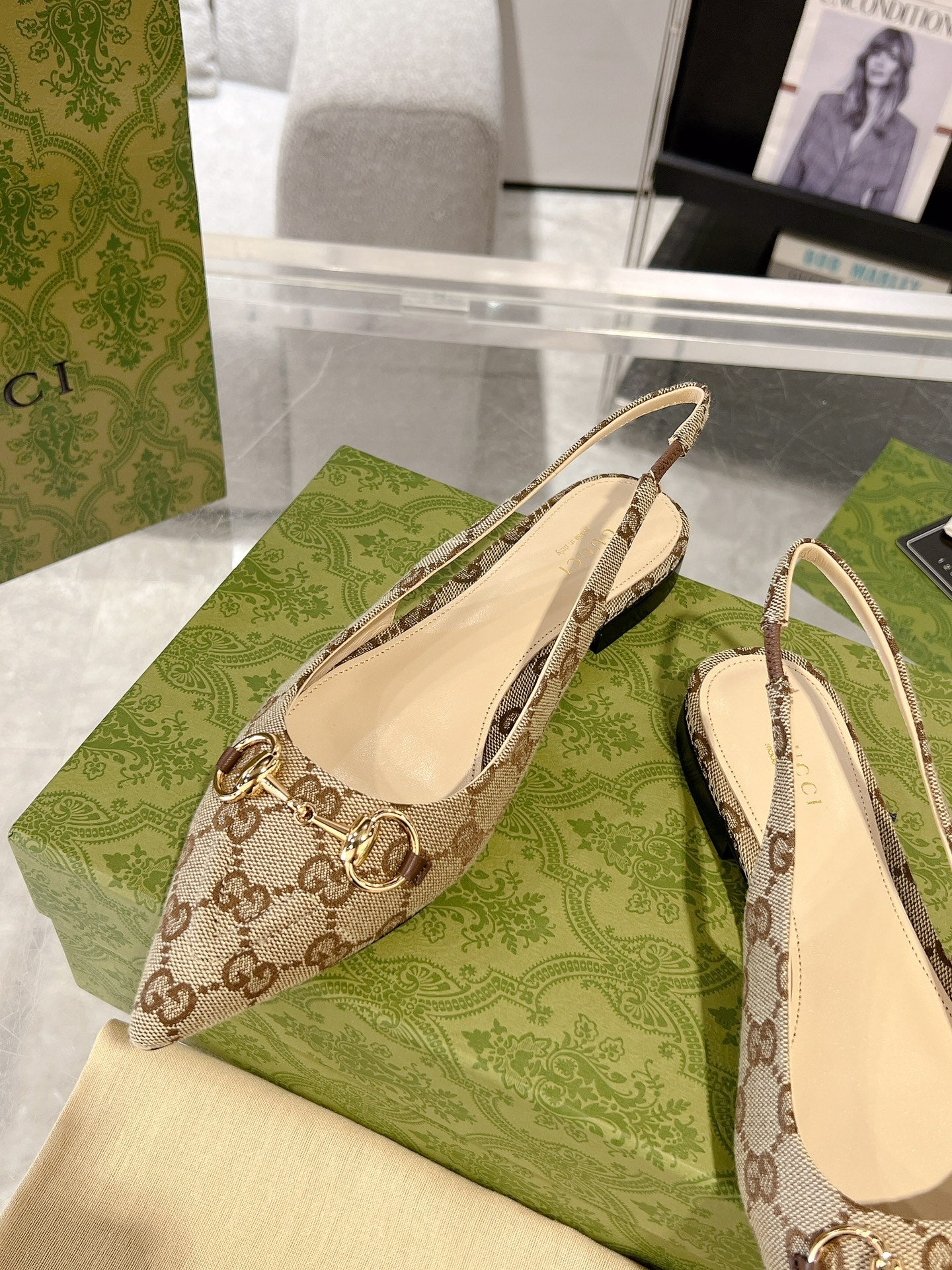 GUCCI HORSEBIT SLINGBACK BALLET FLAT TAN BEIGE CANVAS