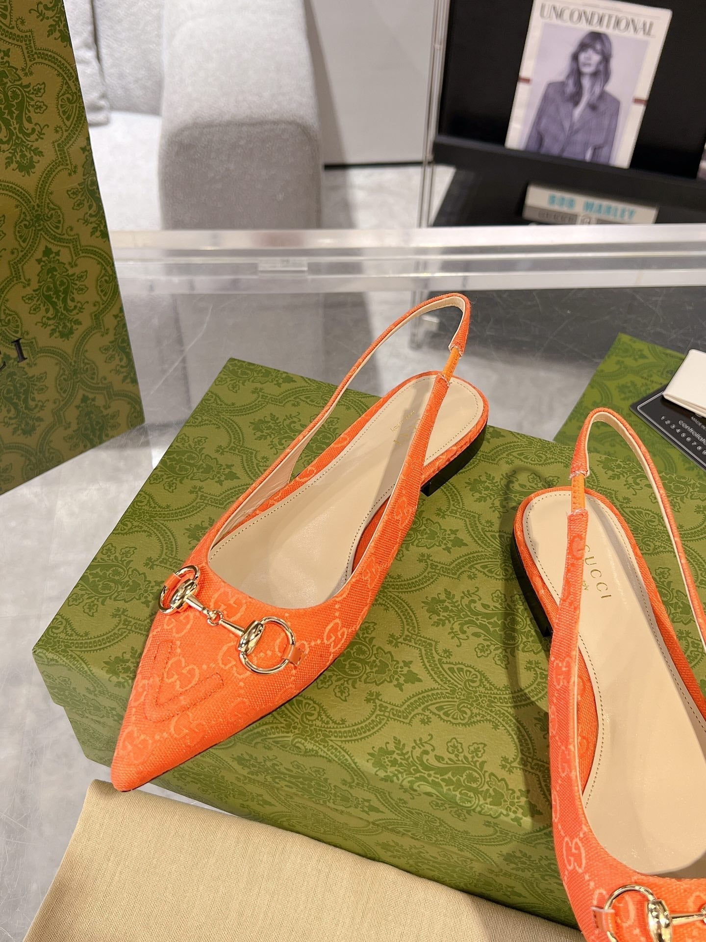 GUCCI HORSEBIT SLINGBACK BALLET FLAT ORANGE CANVAS