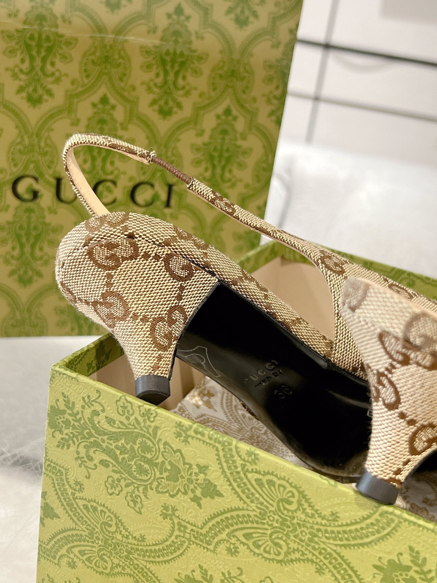 GUCCI MID-HEELED SLINGBACK 4.5 CM IN TAN BEIGE CANVAS