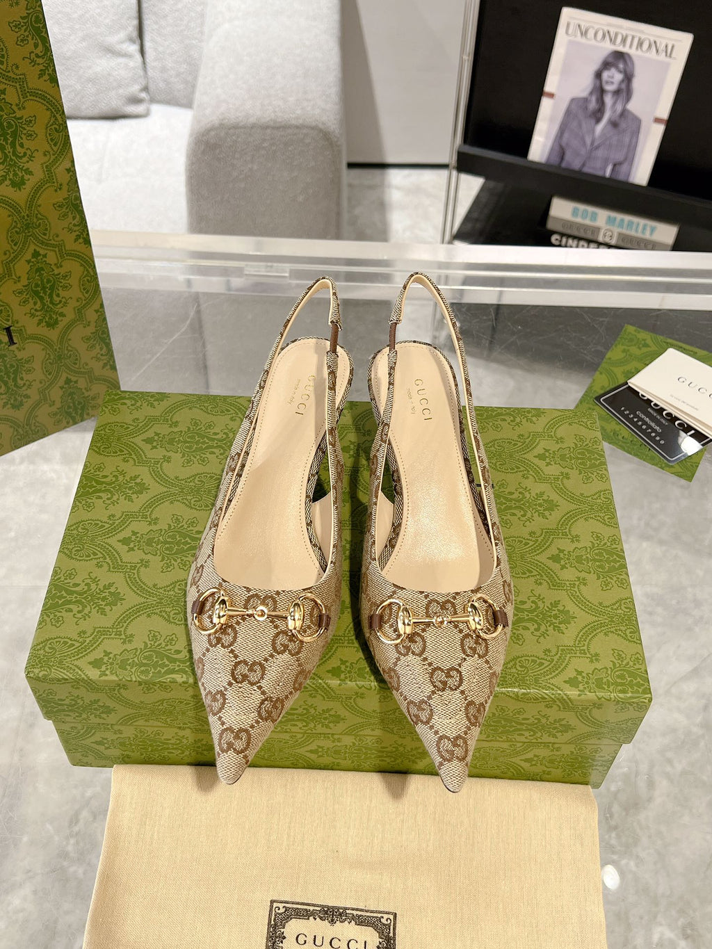 GUCCI MID-HEELED SLINGBACK 4.5 CM IN TAN BEIGE CANVAS