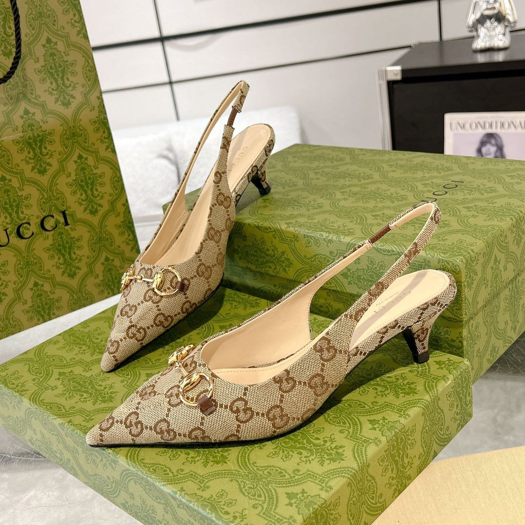 GUCCI MID-HEELED SLINGBACK 4.5 CM IN TAN BEIGE CANVAS