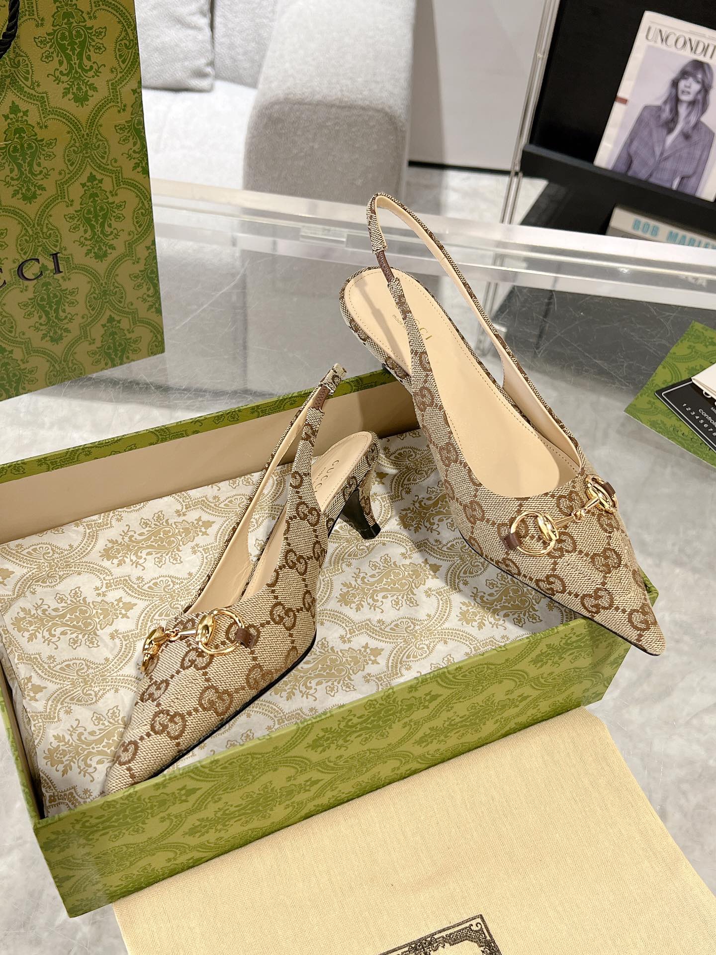 GUCCI MID-HEELED SLINGBACK 4.5 CM IN TAN BEIGE CANVAS