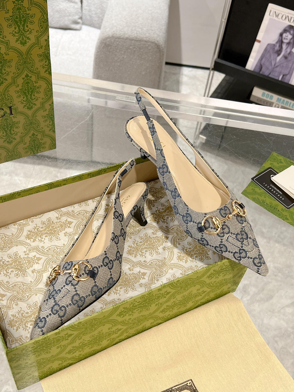 GUCCI MID-HEELED SLINGBACK 4.5 CM IN PALE GRAY CANVAS