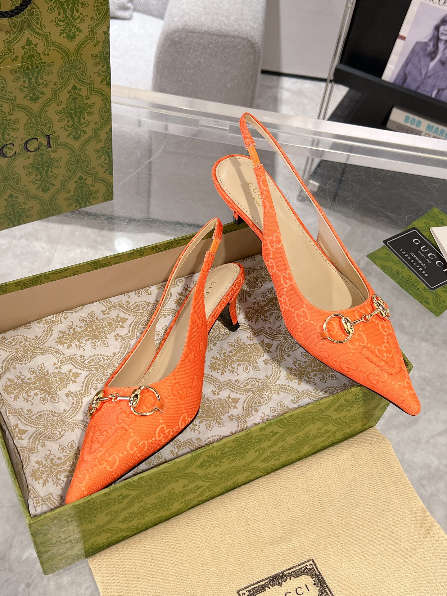 GUCCI MID-HEELED SLINGBACK 4.5 CM IN ORANGE CANVAS