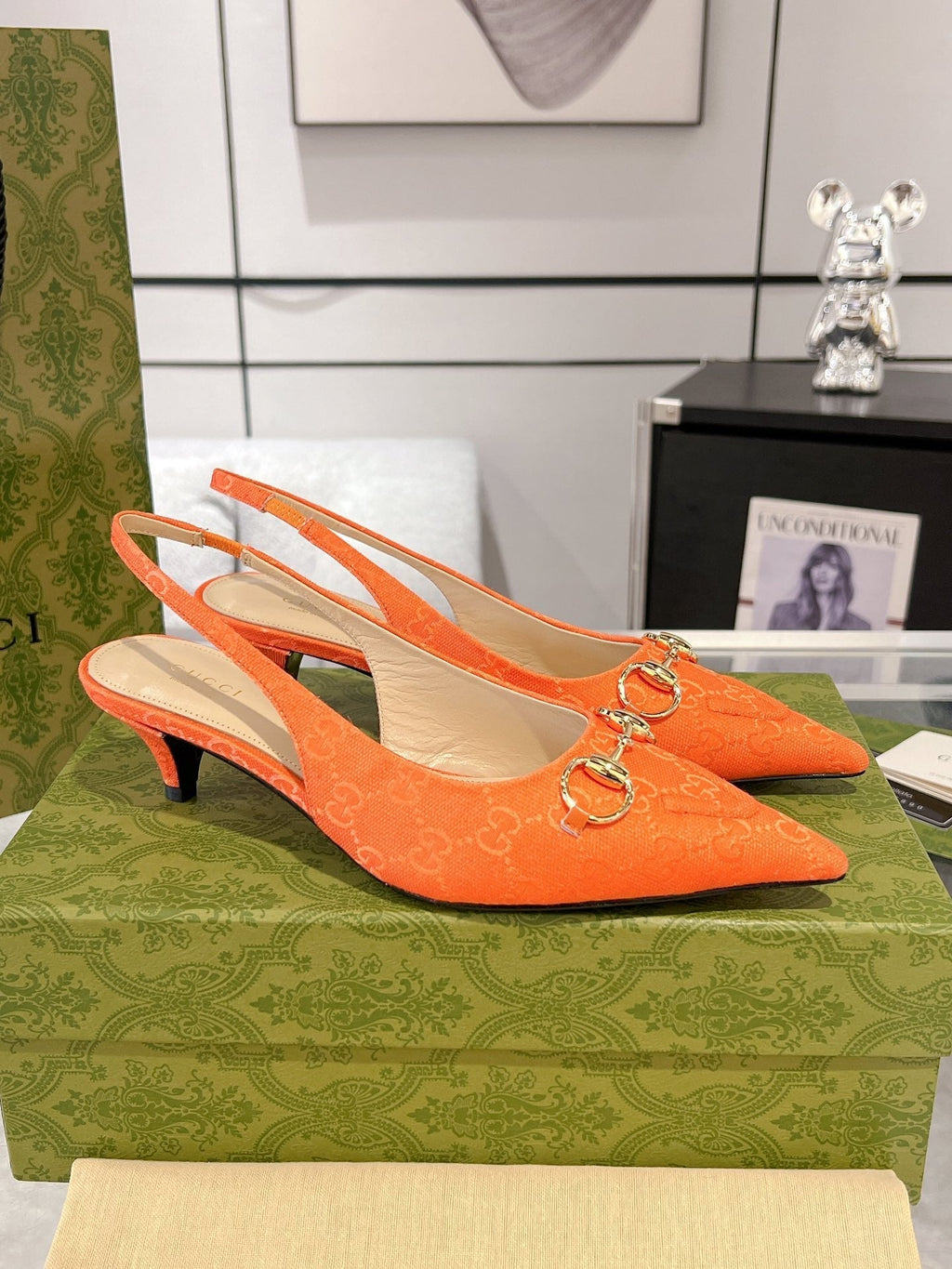 GUCCI MID-HEELED SLINGBACK 4.5 CM IN ORANGE CANVAS
