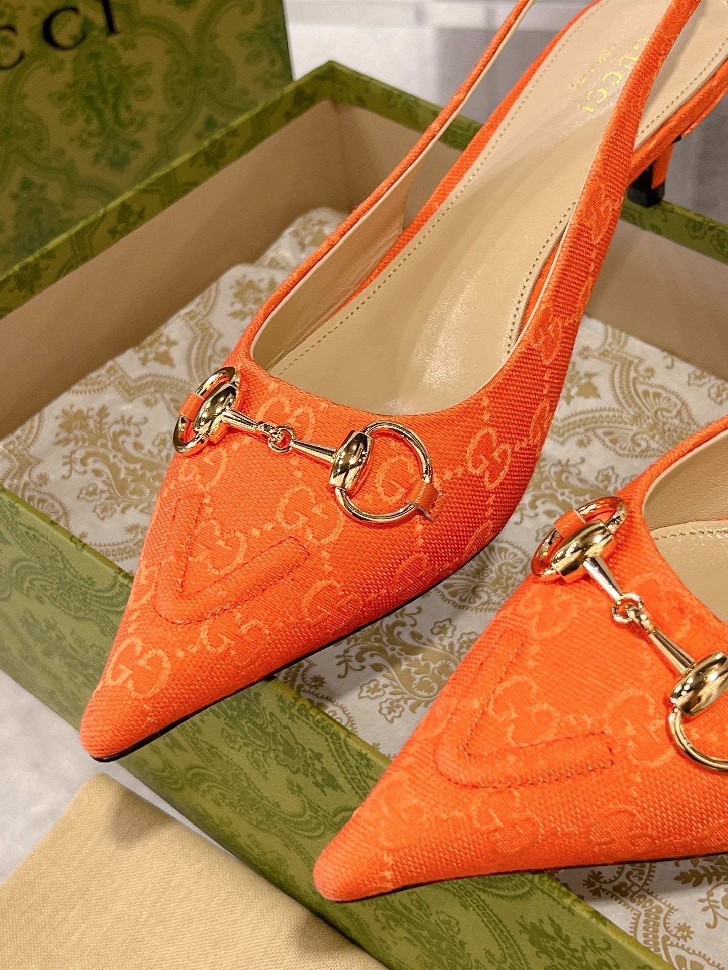 GUCCI MID-HEELED SLINGBACK 4.5 CM IN ORANGE CANVAS