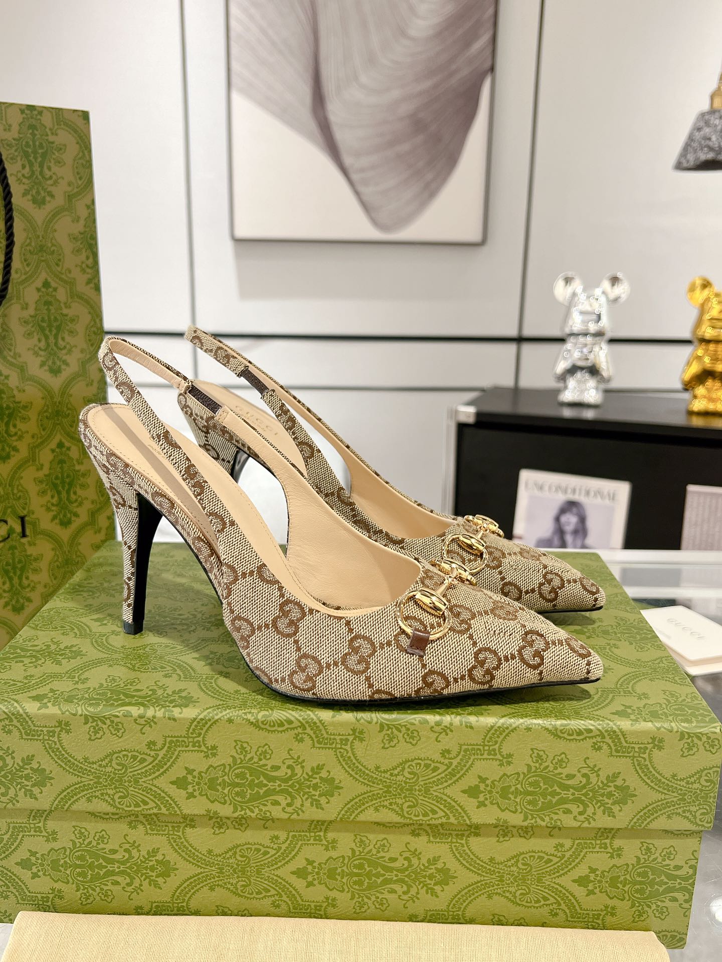 GUCCI HORSEBIT SLINGBACK 105 IN TAN BEIGE CANVAS