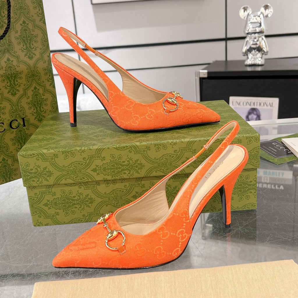 GUCCI HORSEBIT SLINGBACK 105 IN ORANGE CANVAS
