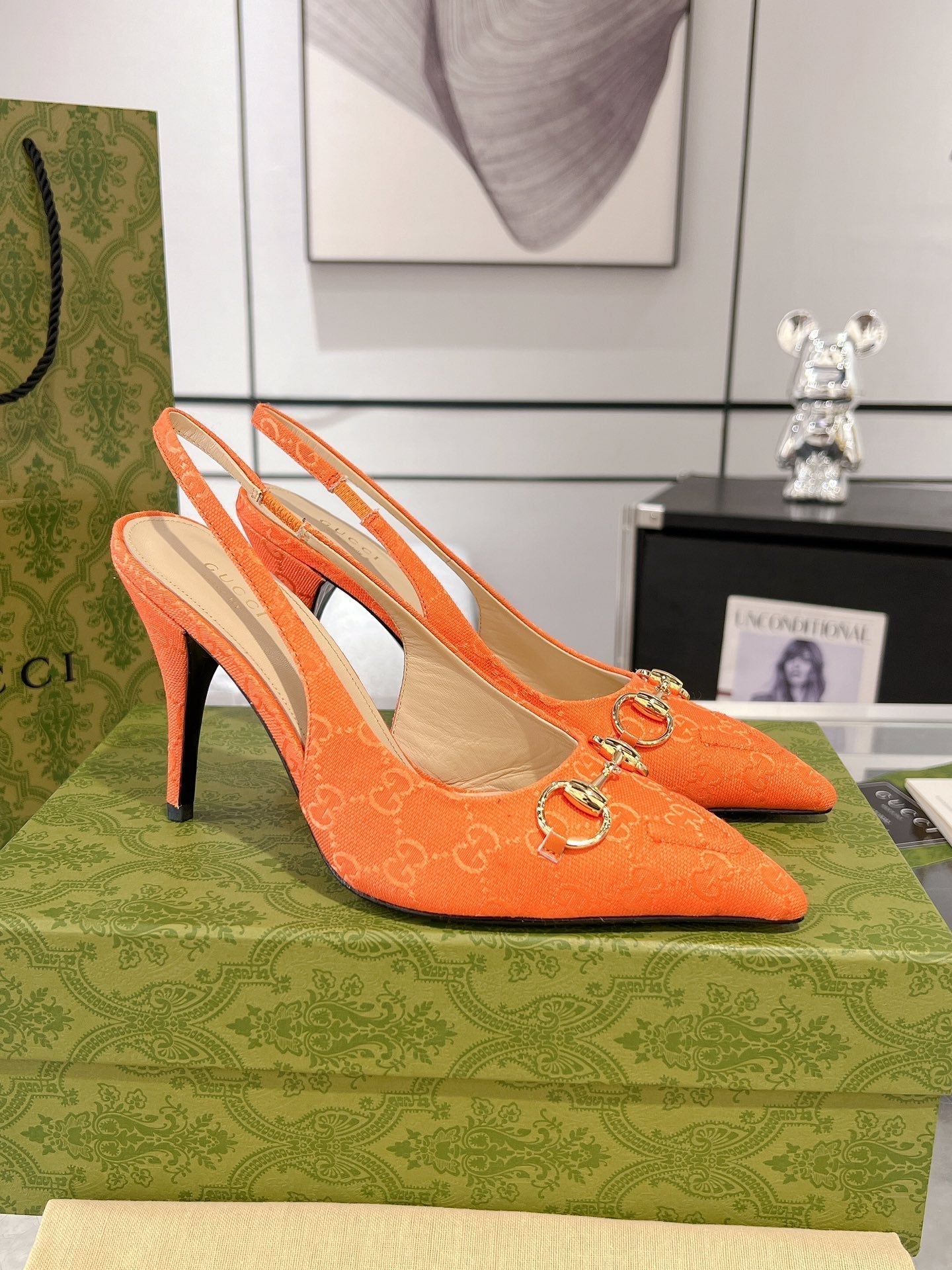 GUCCI HORSEBIT SLINGBACK 105 IN ORANGE CANVAS