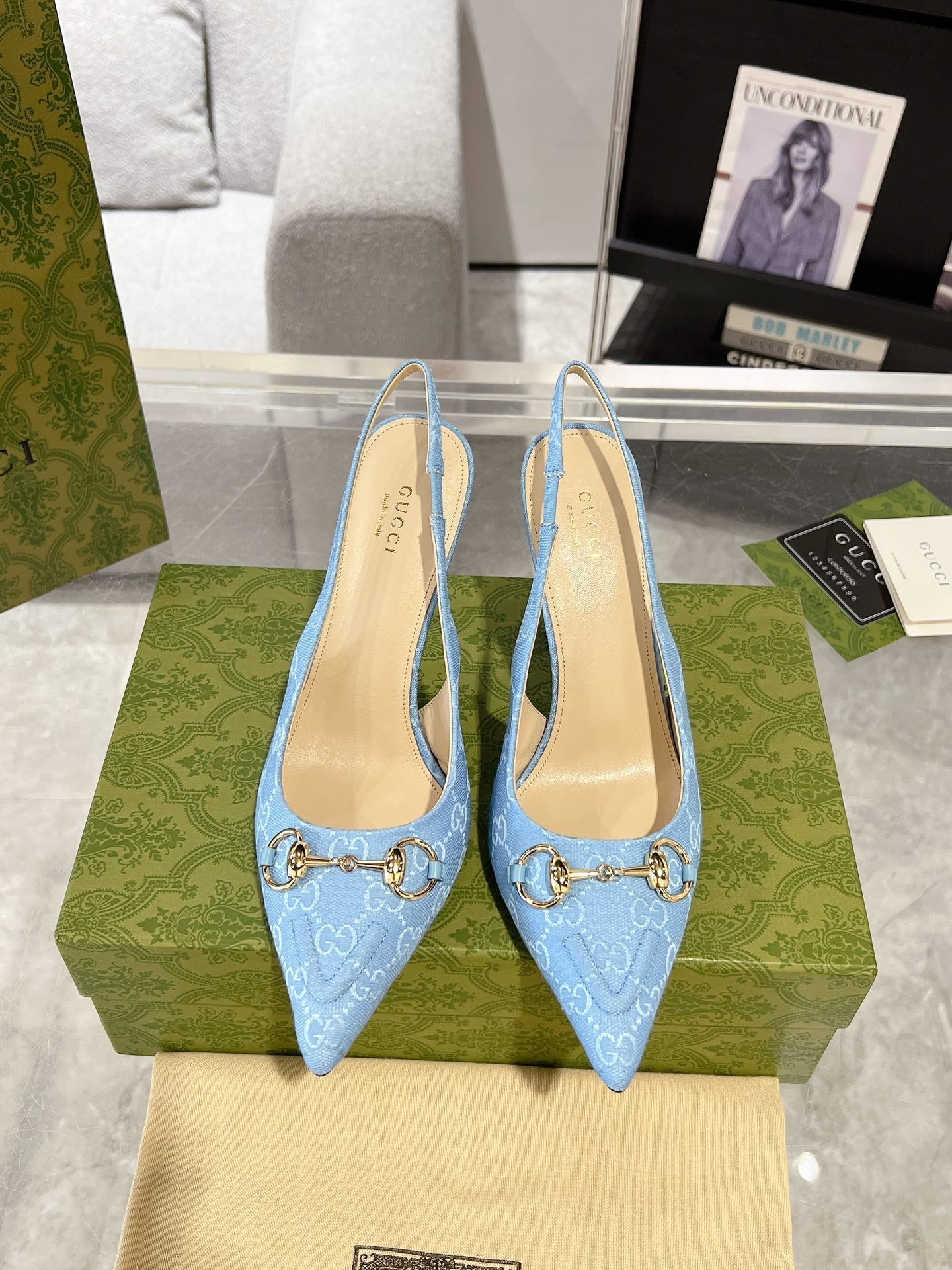 GUCCI HORSEBIT SLINGBACK 105 IN SKY CANVAS