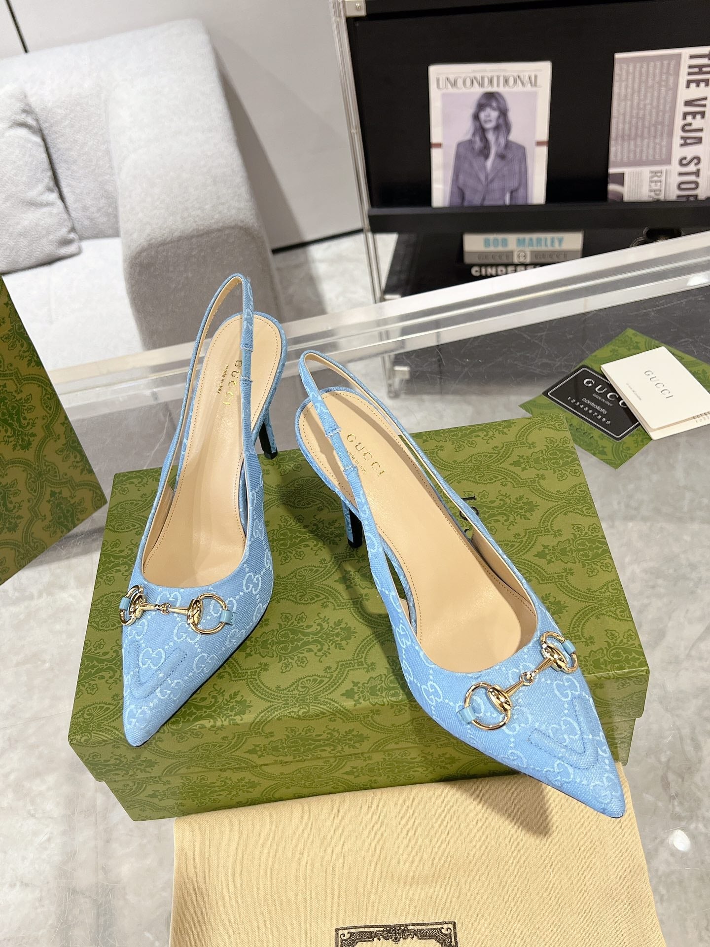 GUCCI HORSEBIT SLINGBACK 105 IN SKY CANVAS
