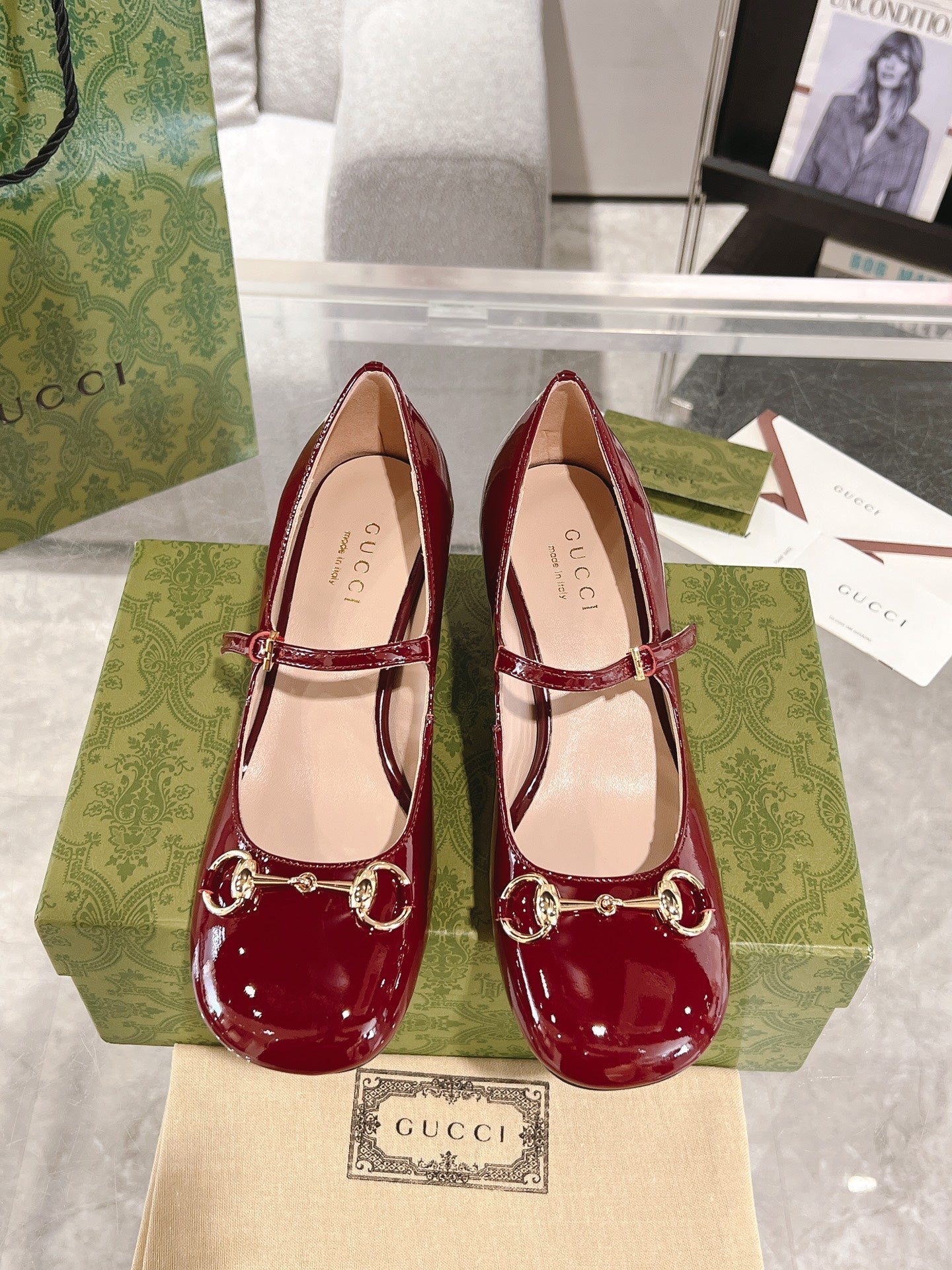 GUCCI HORSEBIT MARY JANE HEEL IN CRIMSON RED CALFSKIN GOLD HARDWARE