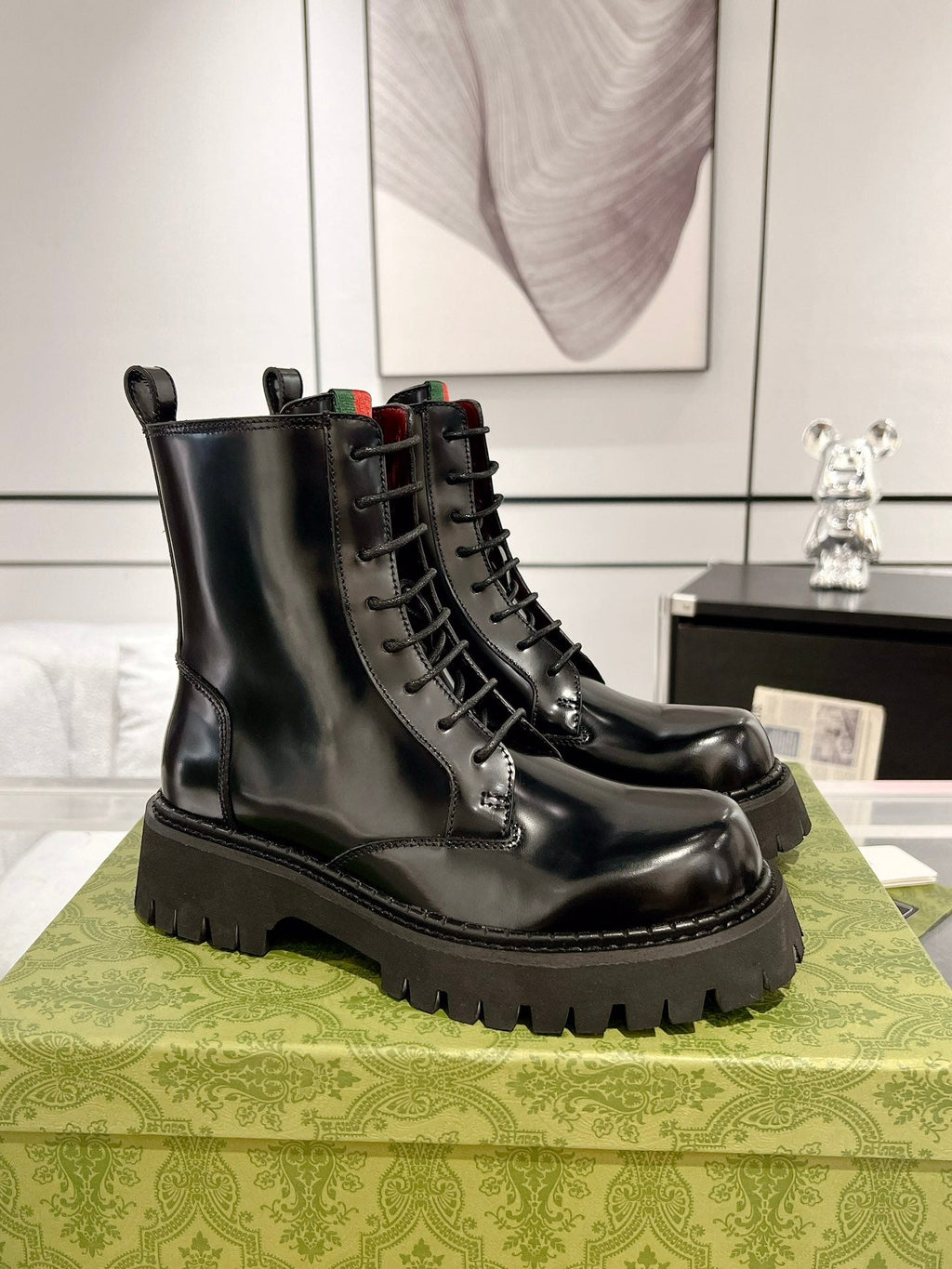 GUCCI WEB ANKLE BOOTS IN BLACK CALFSKIN