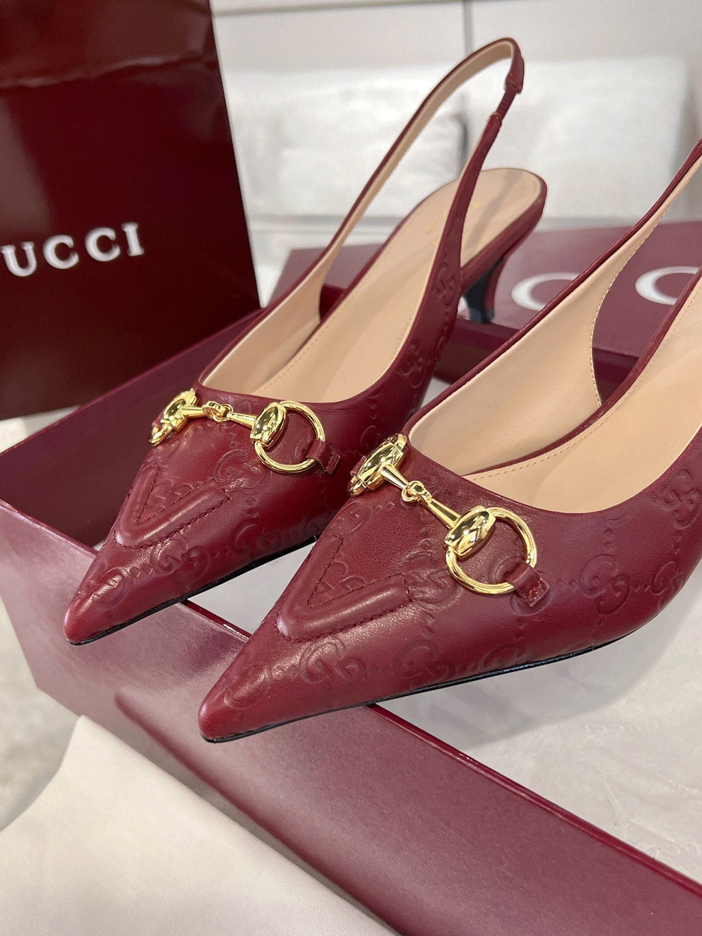 GUCCI MID-HIGH SLINGBACK 4.5 CM IN WINE RED GLOSSY EMBOSSED SUEDE AND SHEEPSKIN LINING