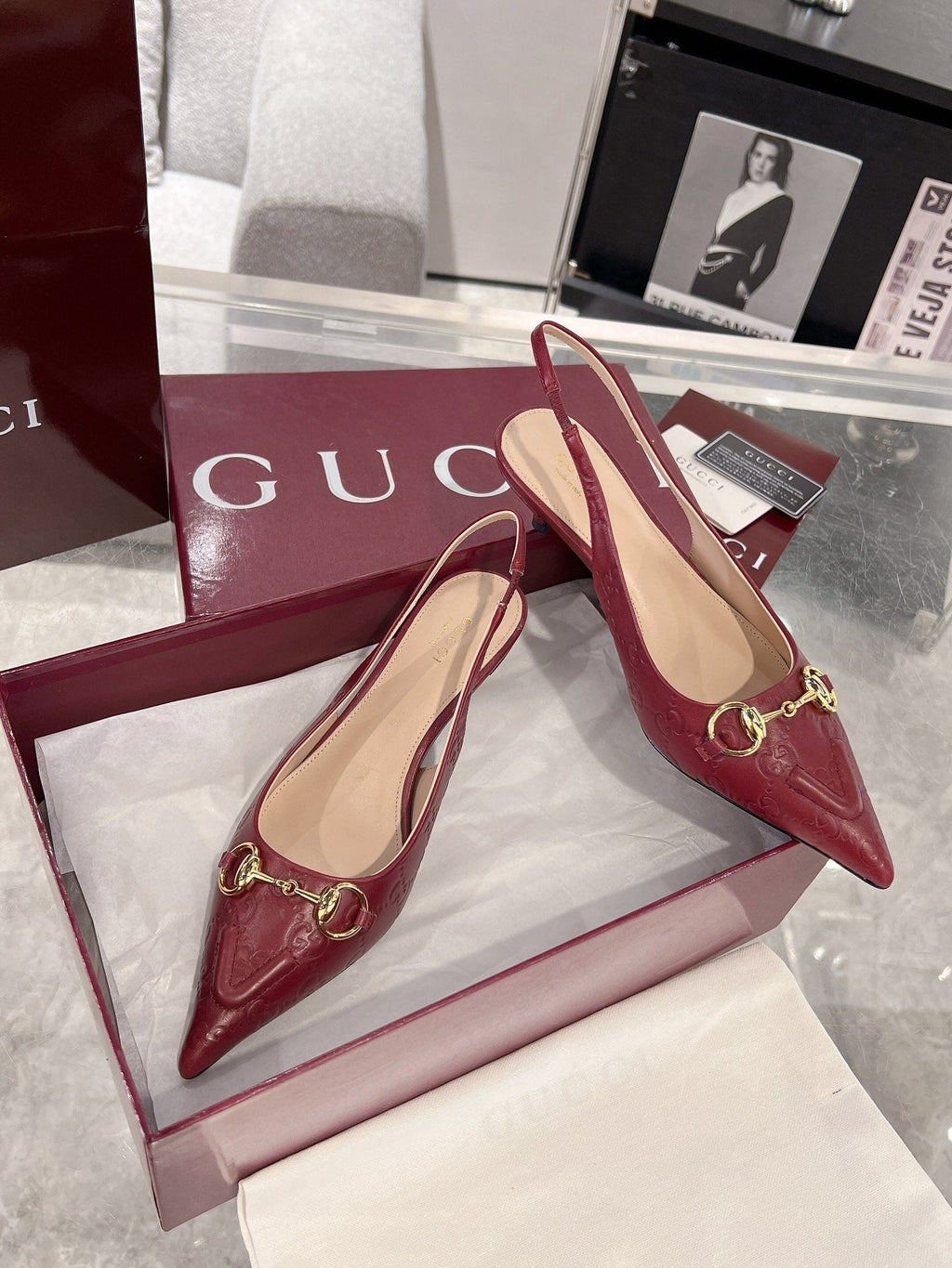 GUCCI MID-HIGH SLINGBACK 4.5 CM IN WINE RED GLOSSY EMBOSSED SUEDE AND SHEEPSKIN LINING