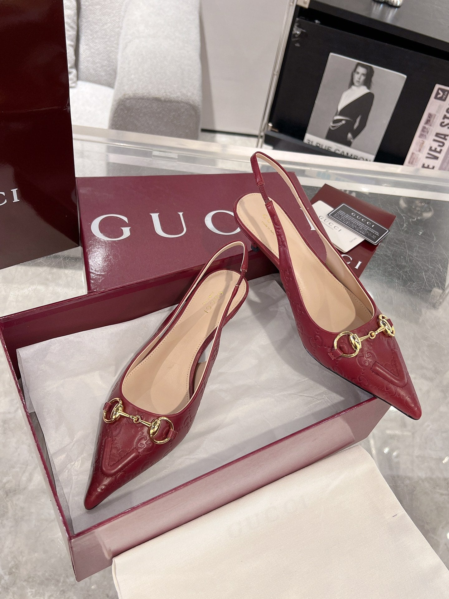GUCCI MID-HIGH SLINGBACK 4.5 CM IN WINE RED GLOSSY EMBOSSED SUEDE AND SHEEPSKIN LINING