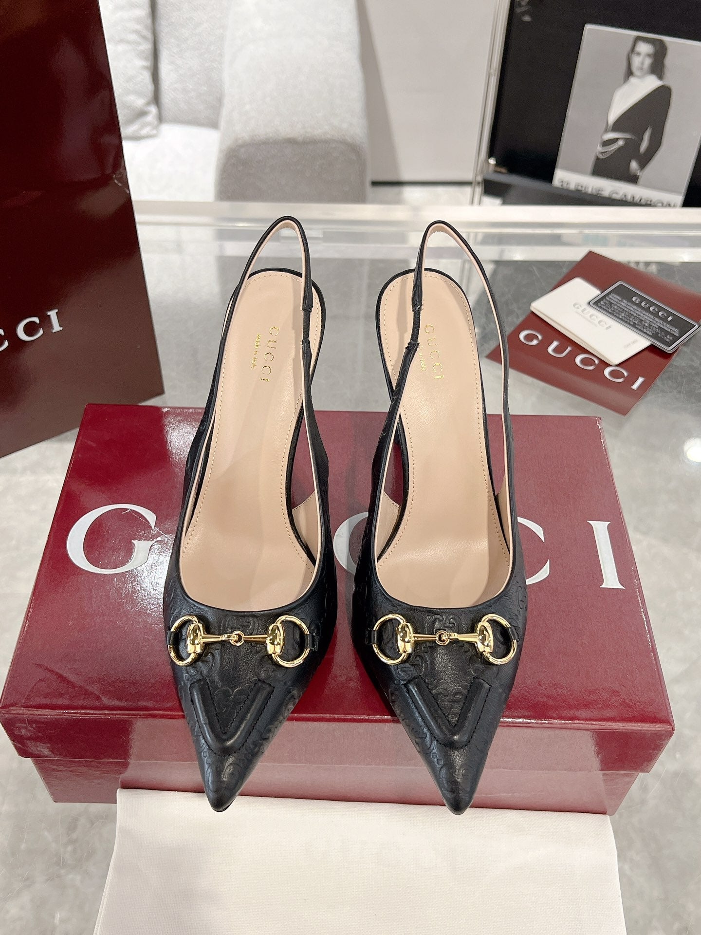 GUCCI HIGH SLINGBACK 10.5 CM IN BLACK GLOSSY EMBOSSED SUEDE AND SHEEPSKIN LINING