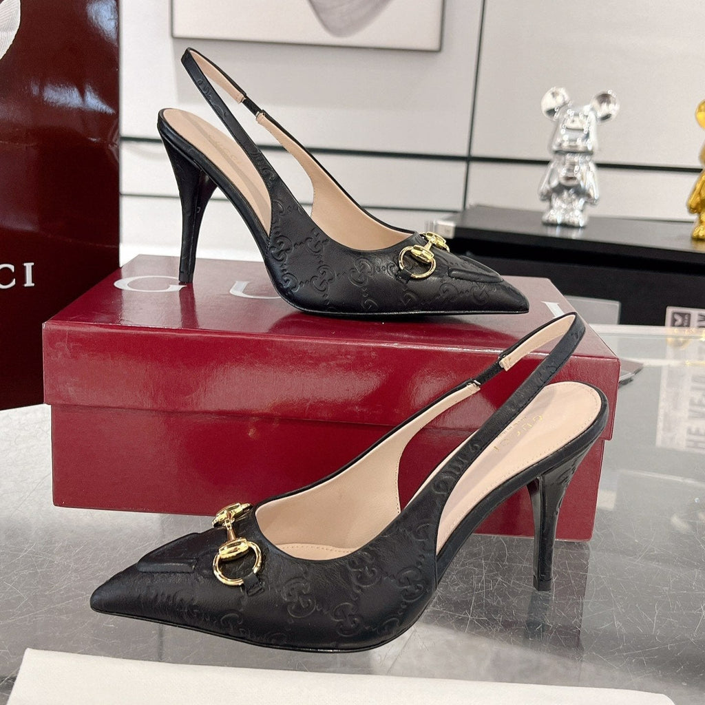 GUCCI HIGH SLINGBACK 10.5 CM IN BLACK GLOSSY EMBOSSED SUEDE AND SHEEPSKIN LINING