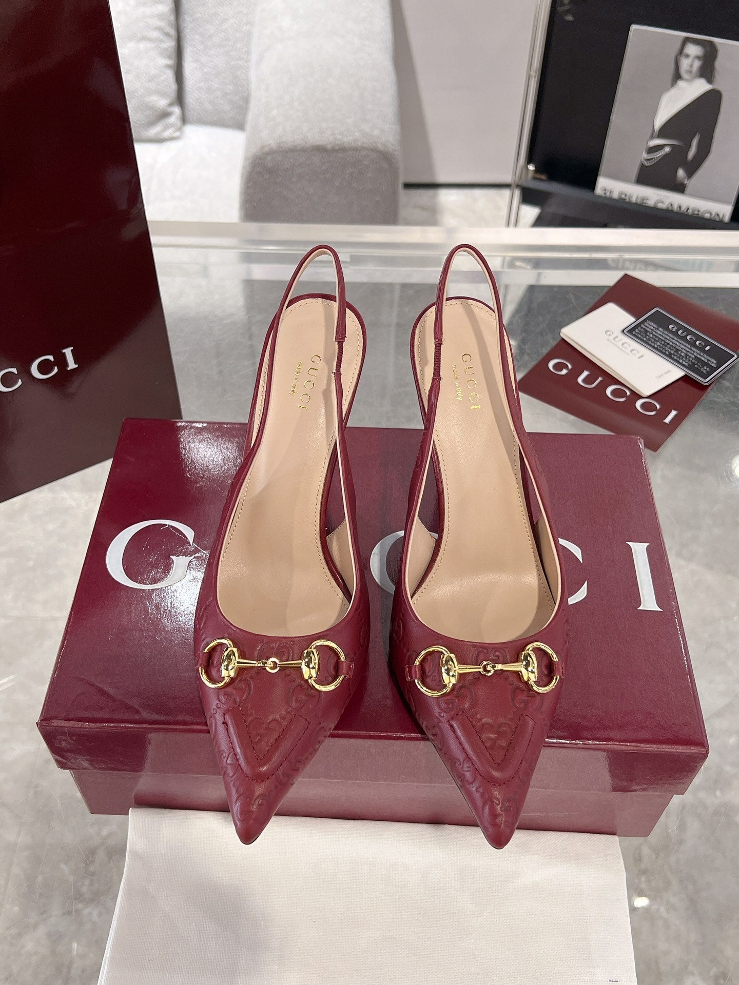 GUCCI HIGH SLINGBACK 10.5 CM IN WINE RED GLOSSY EMBOSSED SUEDE AND SHEEPSKIN LINING