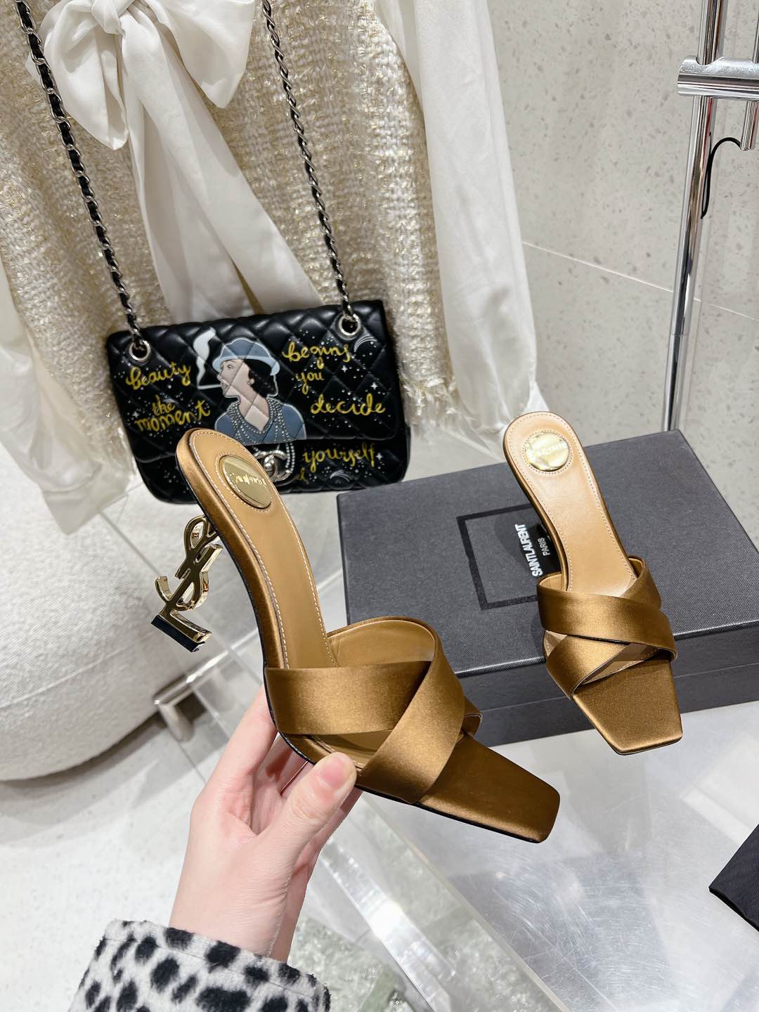LOUIS VUITTON OPYUM HIGH MULES 85 MM IN METALLIC GOLD SATIN CREPE