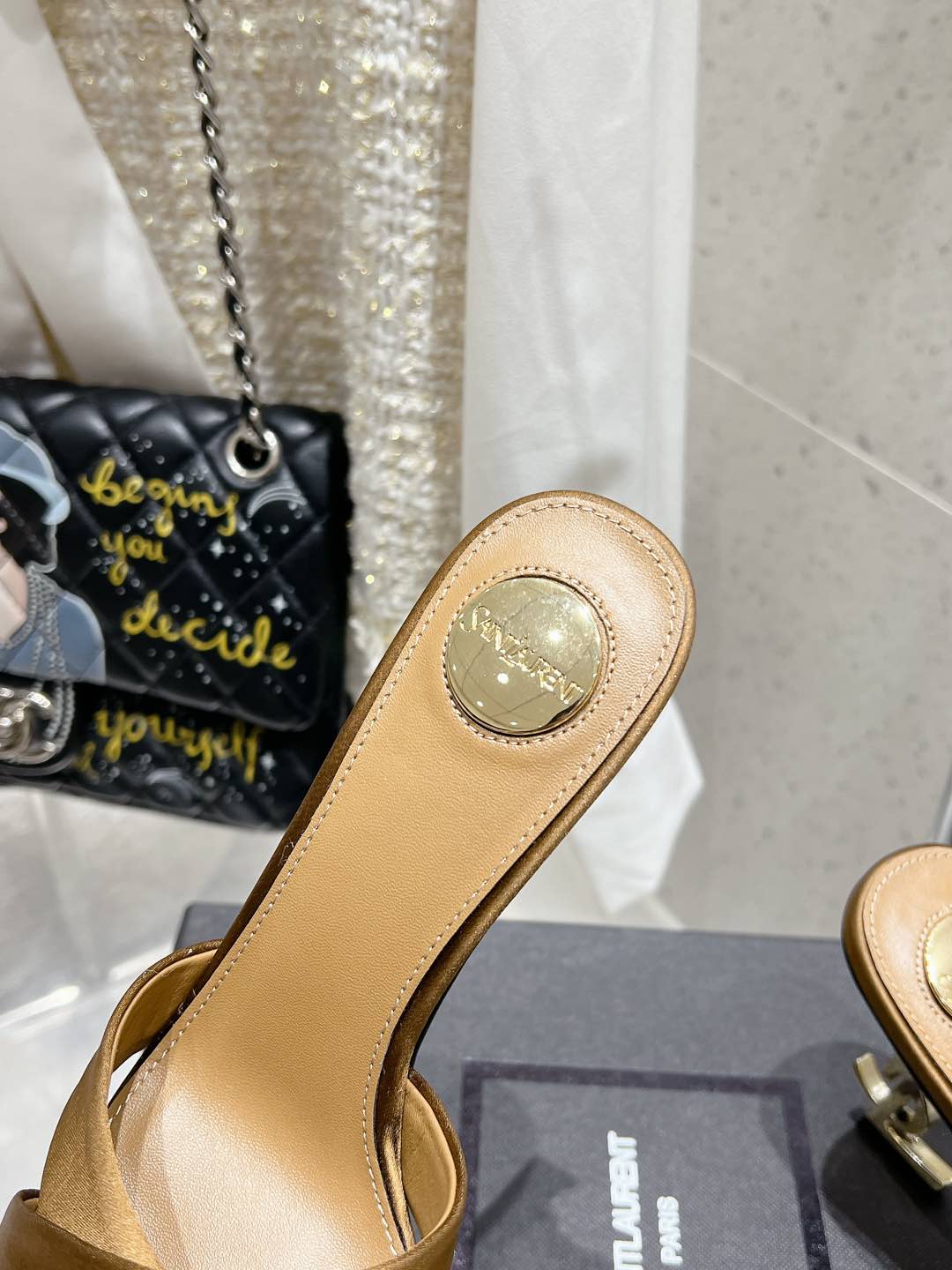 LOUIS VUITTON OPYUM HIGH MULES 85 MM IN METALLIC GOLD SATIN CREPE