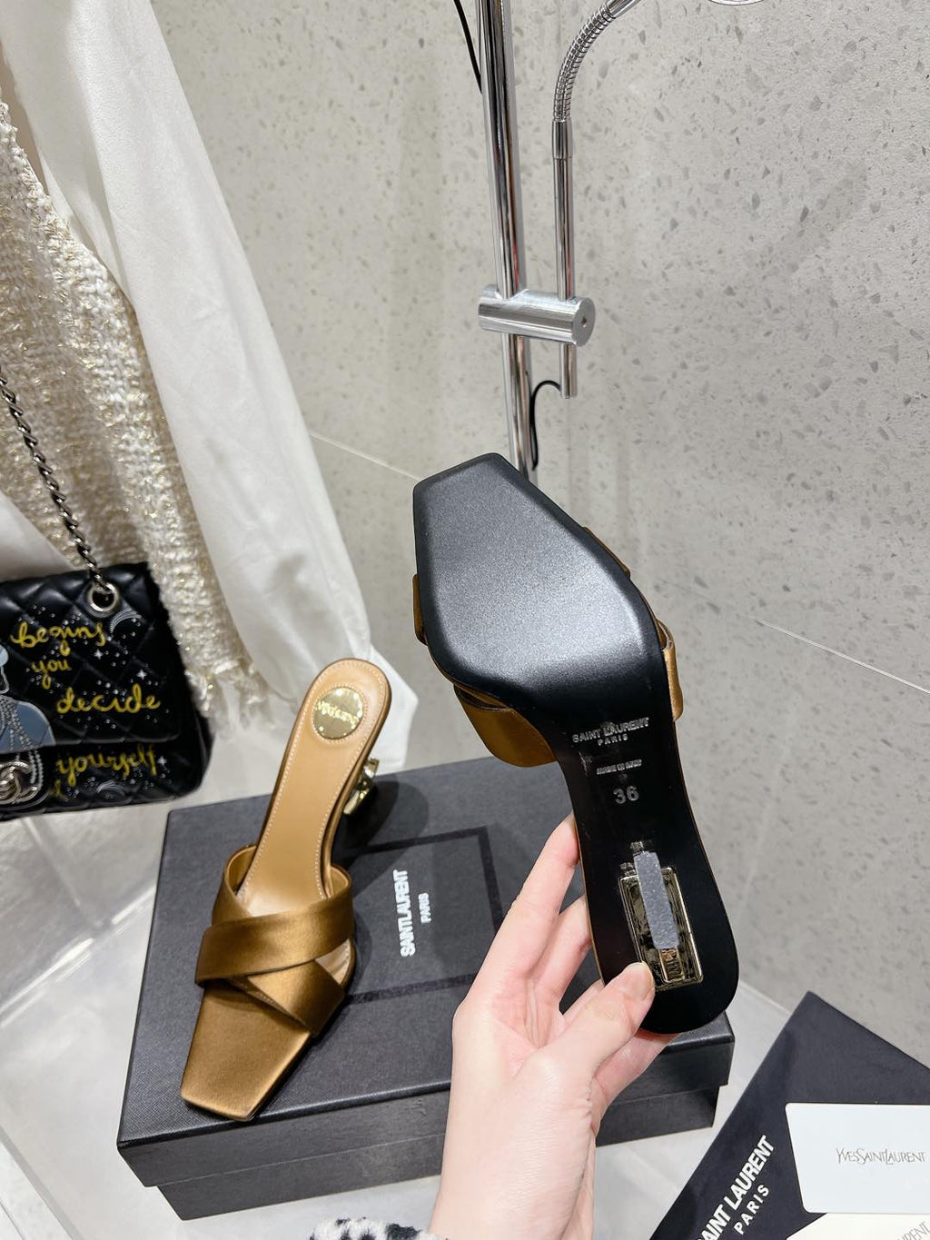 LOUIS VUITTON OPYUM HIGH MULES 85 MM IN METALLIC GOLD SATIN CREPE