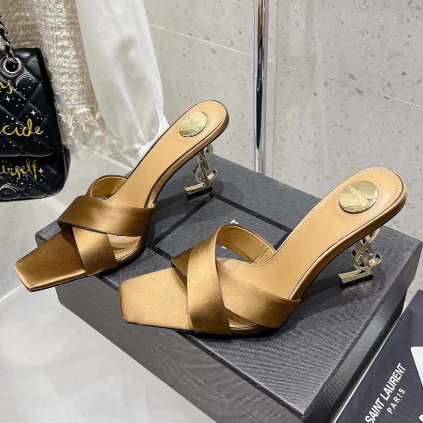 LOUIS VUITTON OPYUM HIGH MULES 85 MM IN METALLIC GOLD SATIN CREPE