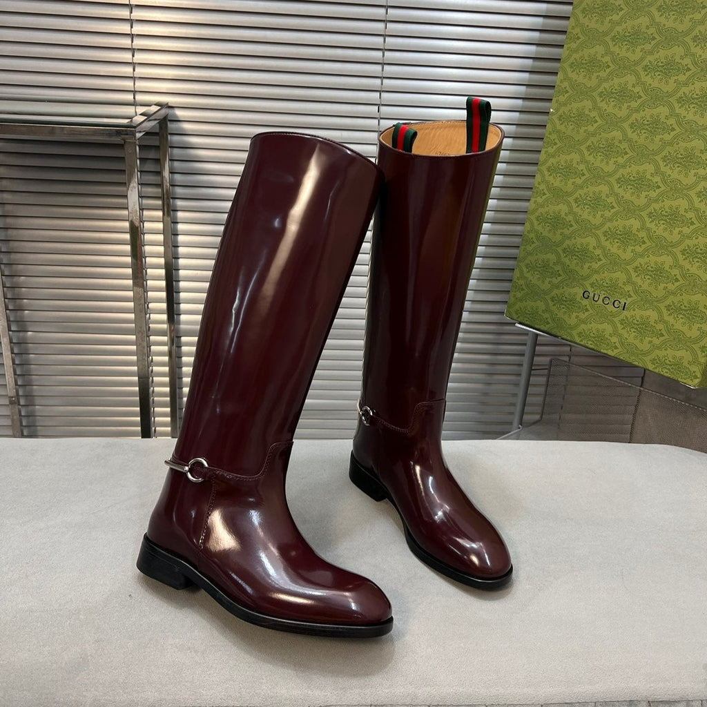 GUCCI SLIM HORSEBIT KNEE BOOTS WITH WEB IN WINE RED GLOSSY CALFSKIN
