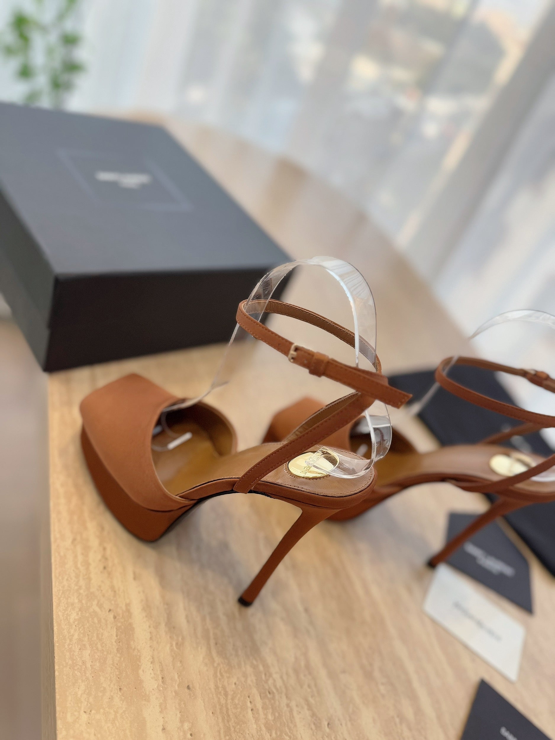 LOUIS VUITTON LA SCANDALE HIGH 14 CM PLATFORM SANDALS IN BRONZE BROWN SATIN CREPE