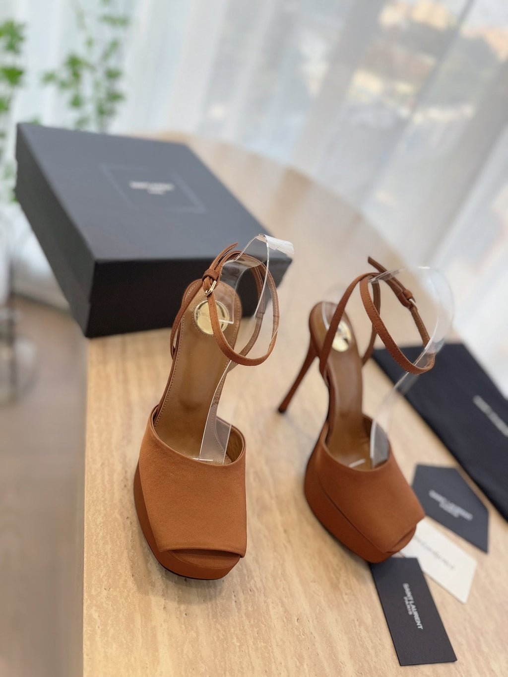 LOUIS VUITTON LA SCANDALE HIGH 14 CM PLATFORM SANDALS IN BRONZE BROWN SATIN CREPE
