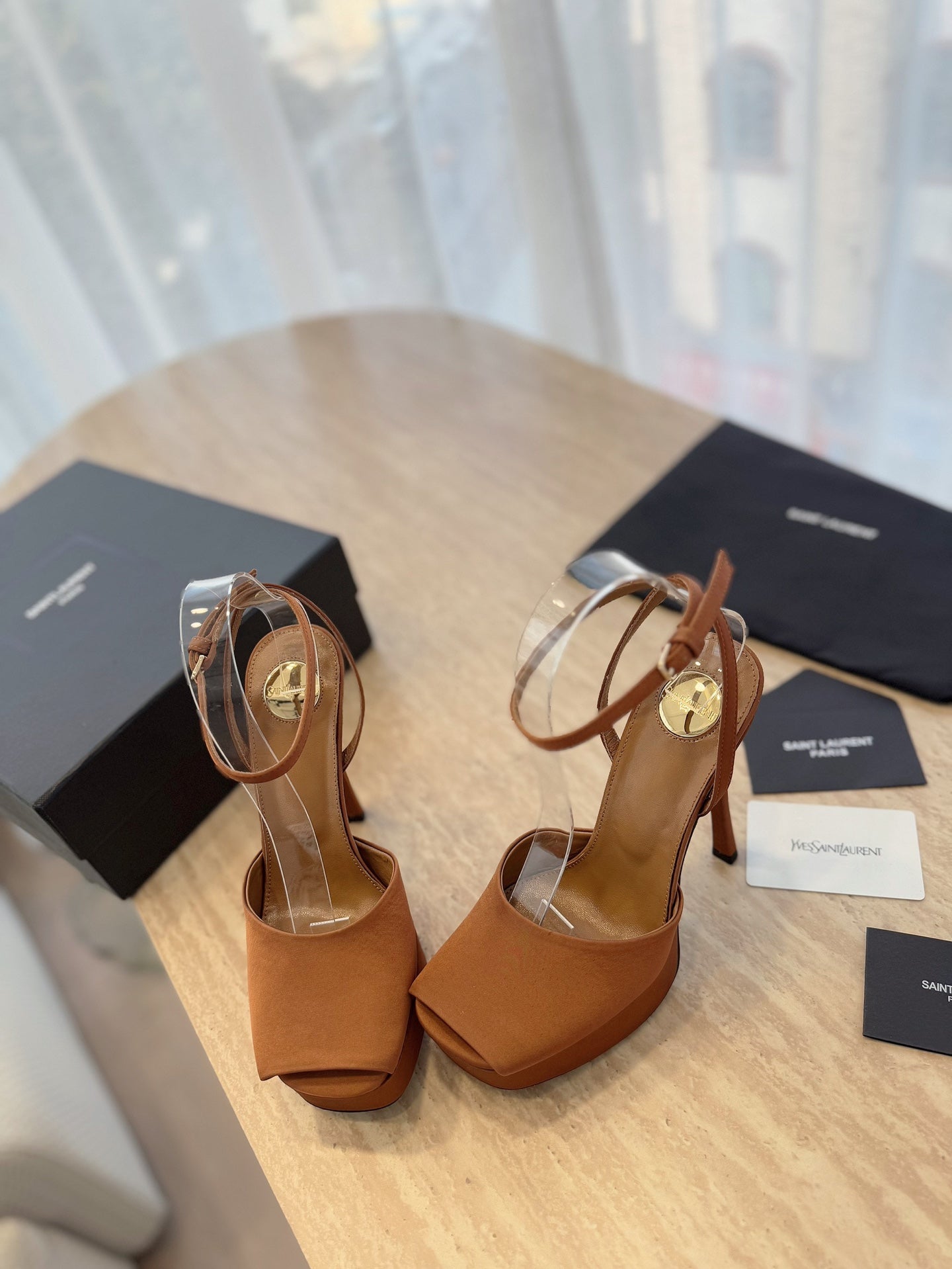 LOUIS VUITTON LA SCANDALE HIGH 14 CM PLATFORM SANDALS IN BRONZE BROWN SATIN CREPE