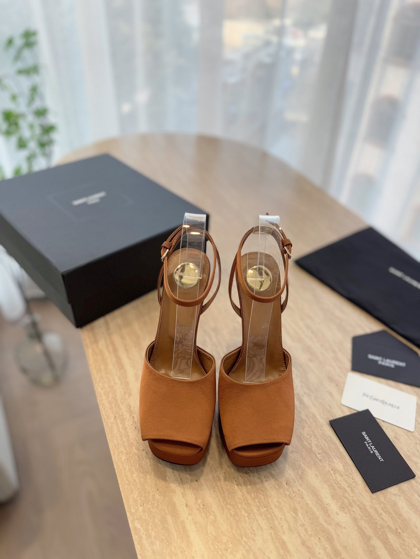 LOUIS VUITTON LA SCANDALE HIGH 14 CM PLATFORM SANDALS IN BRONZE BROWN SATIN CREPE