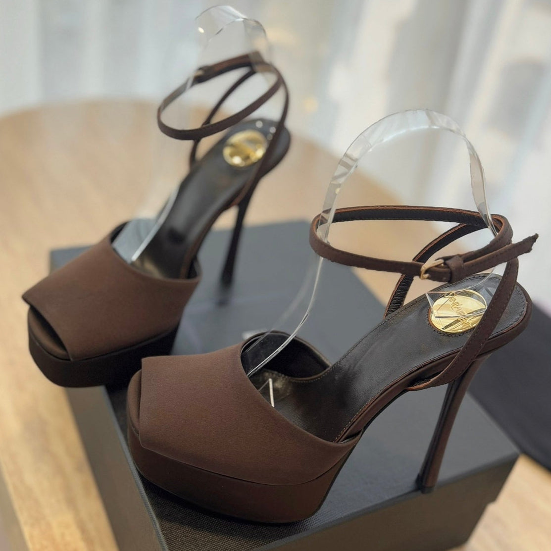 LOUIS VUITTON LA SCANDALE HIGH 14 CM PLATFORM SANDALS IN CHOCOLATE BROWN SATIN CREPE