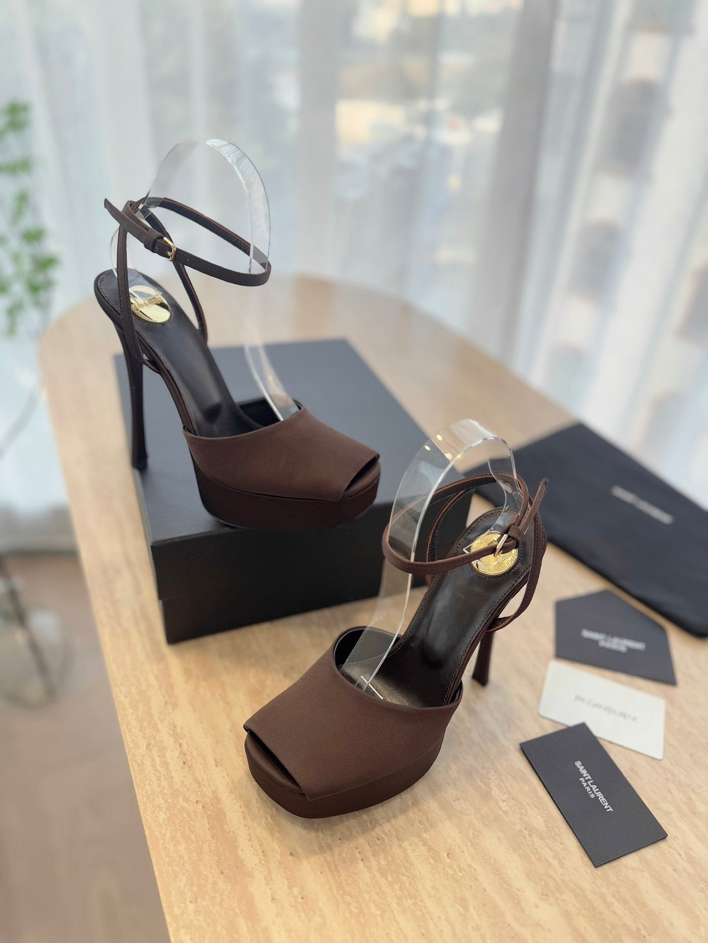 LOUIS VUITTON LA SCANDALE HIGH 14 CM PLATFORM SANDALS IN CHOCOLATE BROWN SATIN CREPE