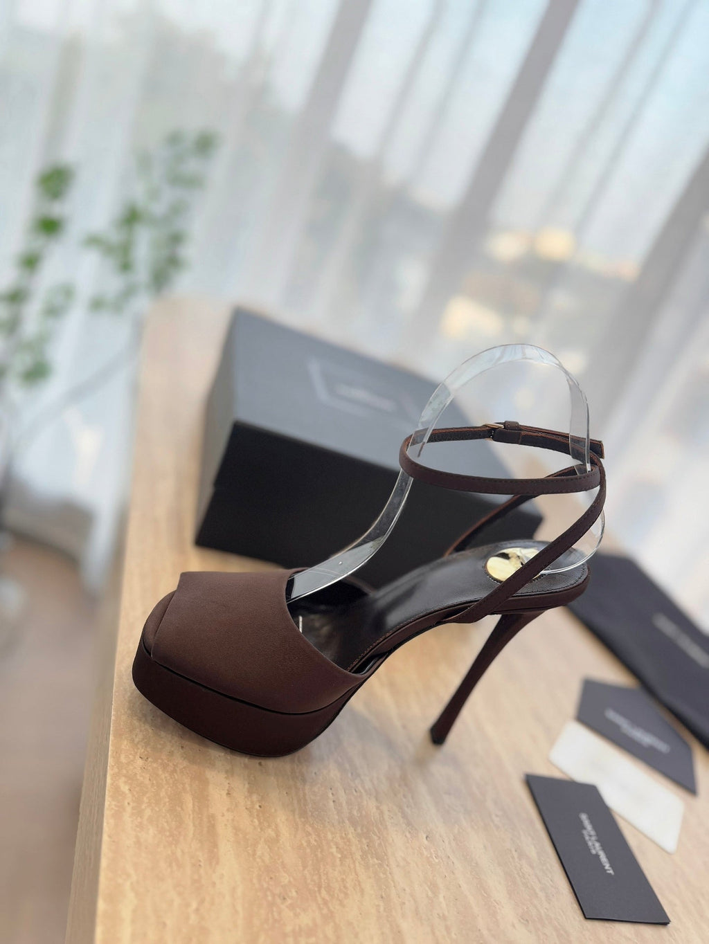 LOUIS VUITTON LA SCANDALE HIGH 14 CM PLATFORM SANDALS IN CHOCOLATE BROWN SATIN CREPE