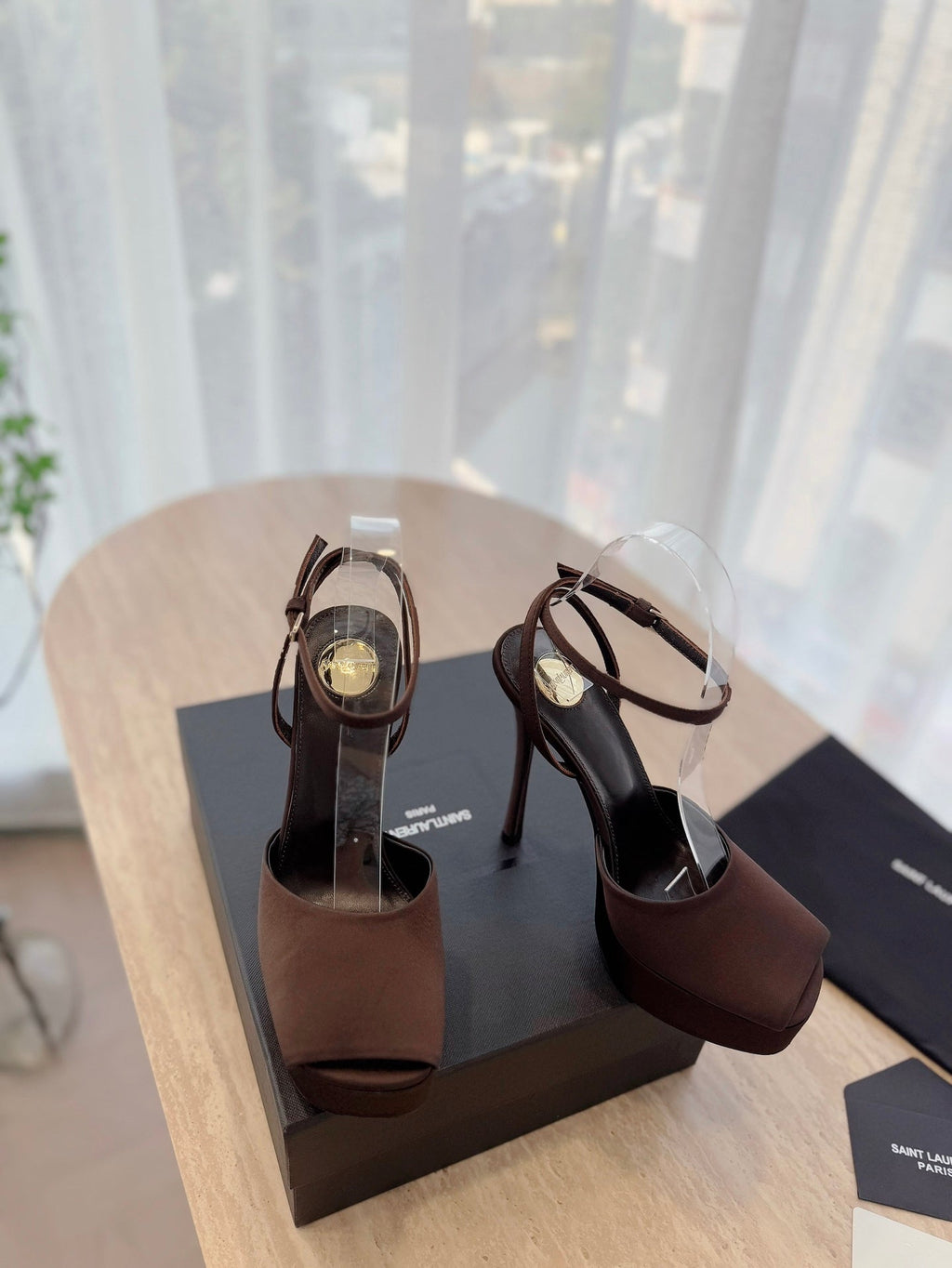 LOUIS VUITTON LA SCANDALE HIGH 14 CM PLATFORM SANDALS IN CHOCOLATE BROWN SATIN CREPE