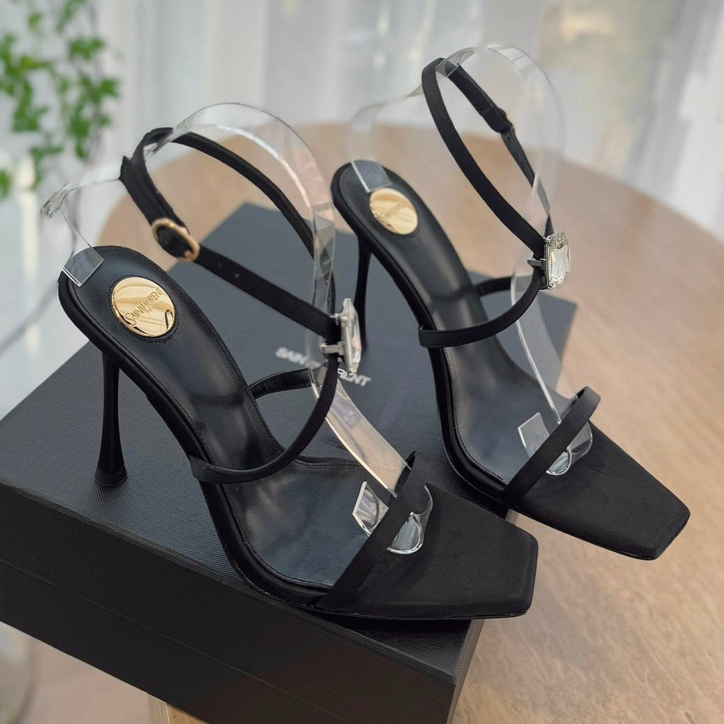 LOUIS VUITTON HIGH HEEL SANDAL 10 CM IN BLACK SATIN CREPE AND CRYSTAL