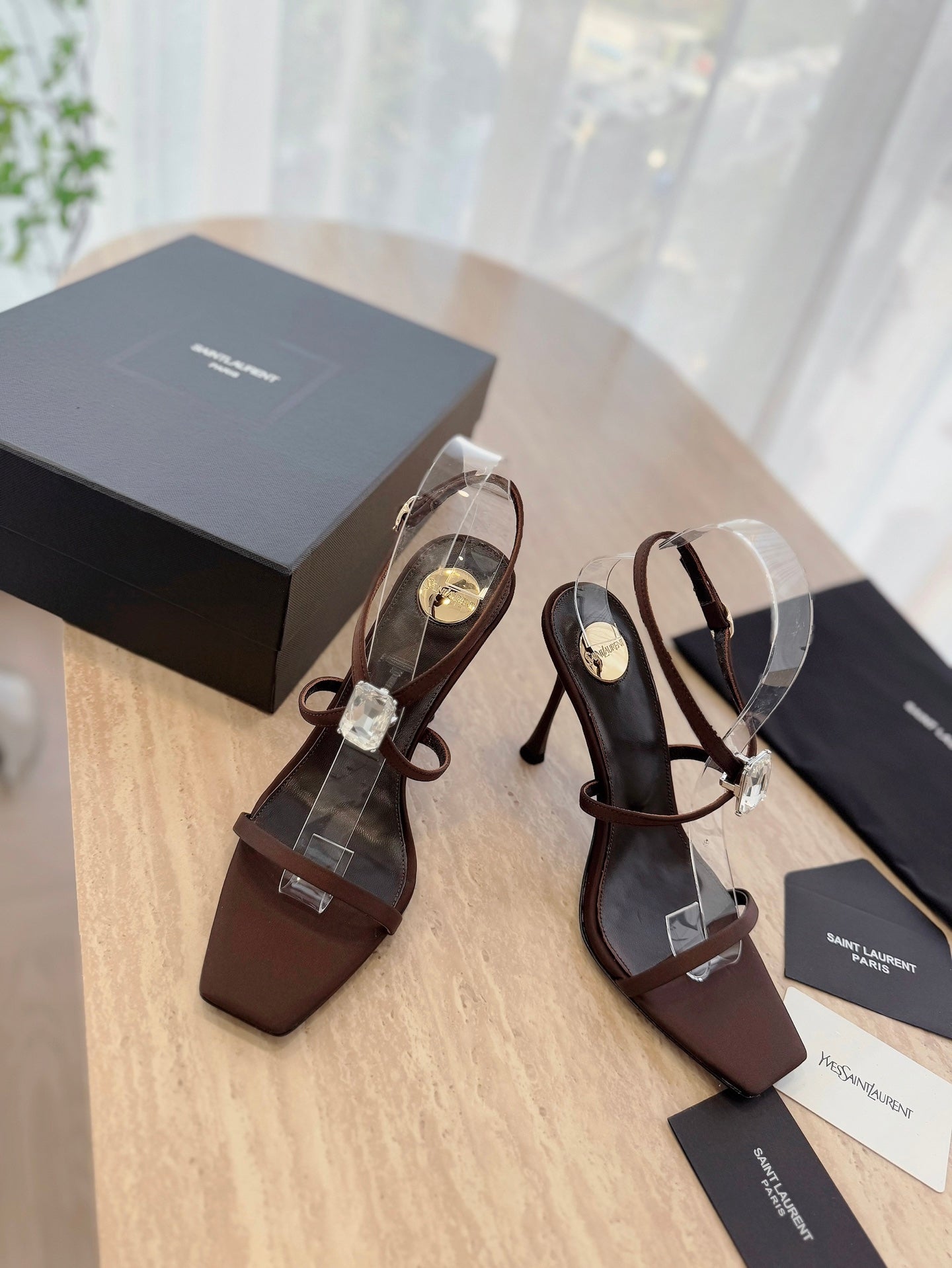 LOUIS VUITTON HIGH HEEL SANDAL 10 CM IN CHOCOLATE BROWN SATIN CREPE AND CRYSTAL