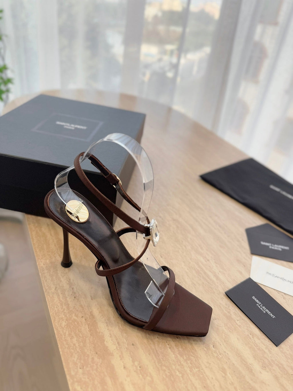 LOUIS VUITTON HIGH HEEL SANDAL 10 CM IN CHOCOLATE BROWN SATIN CREPE AND CRYSTAL