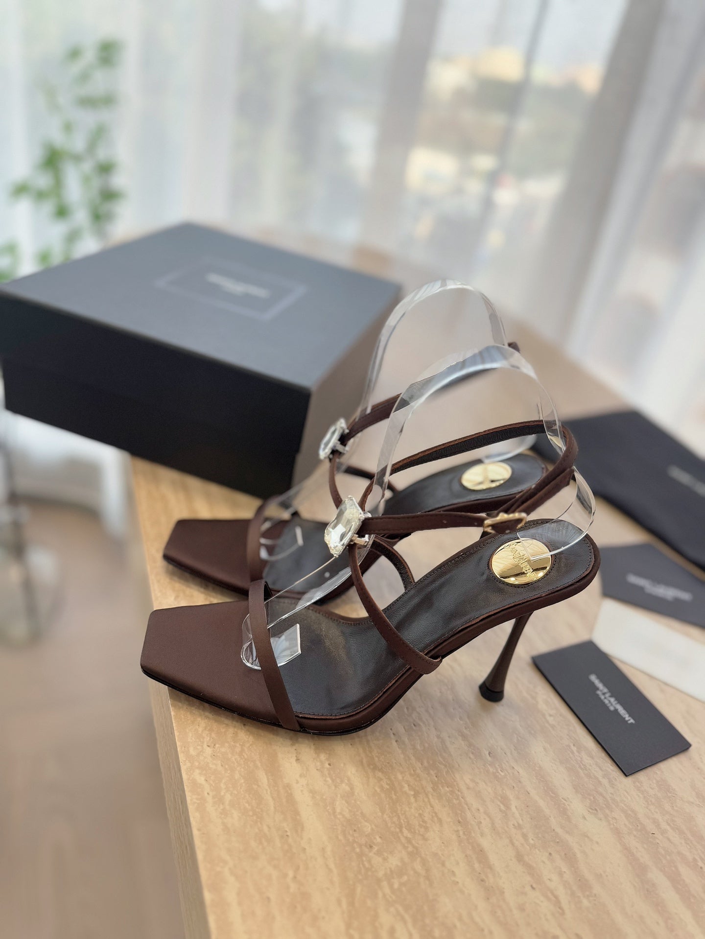 LOUIS VUITTON HIGH HEEL SANDAL 10 CM IN CHOCOLATE BROWN SATIN CREPE AND CRYSTAL