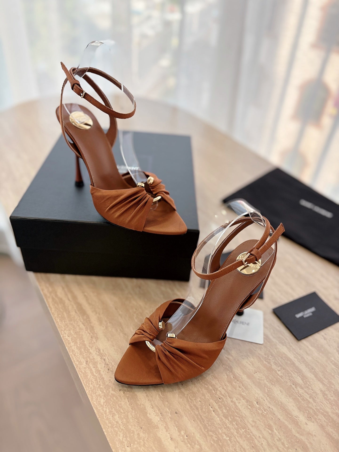 LOUIS VUITTON LOLA SANDAL 10 CM IN BRONZE BROWN VISCOSE AND SILK