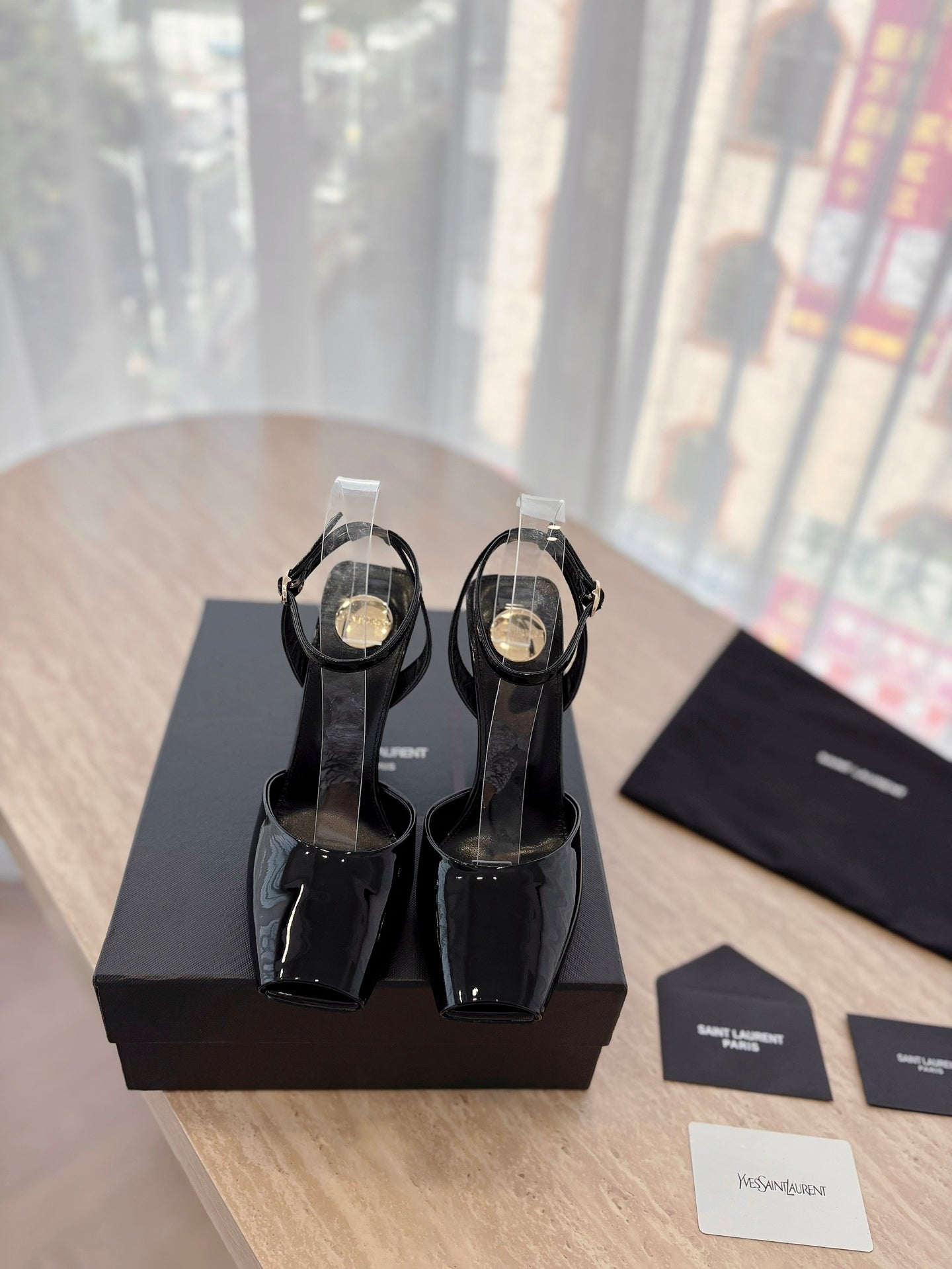 LOUIS VUITTON LA SCANDALE HIGH 10 CM WEDGE SANDALS IN BLACK PATENT LEATHER