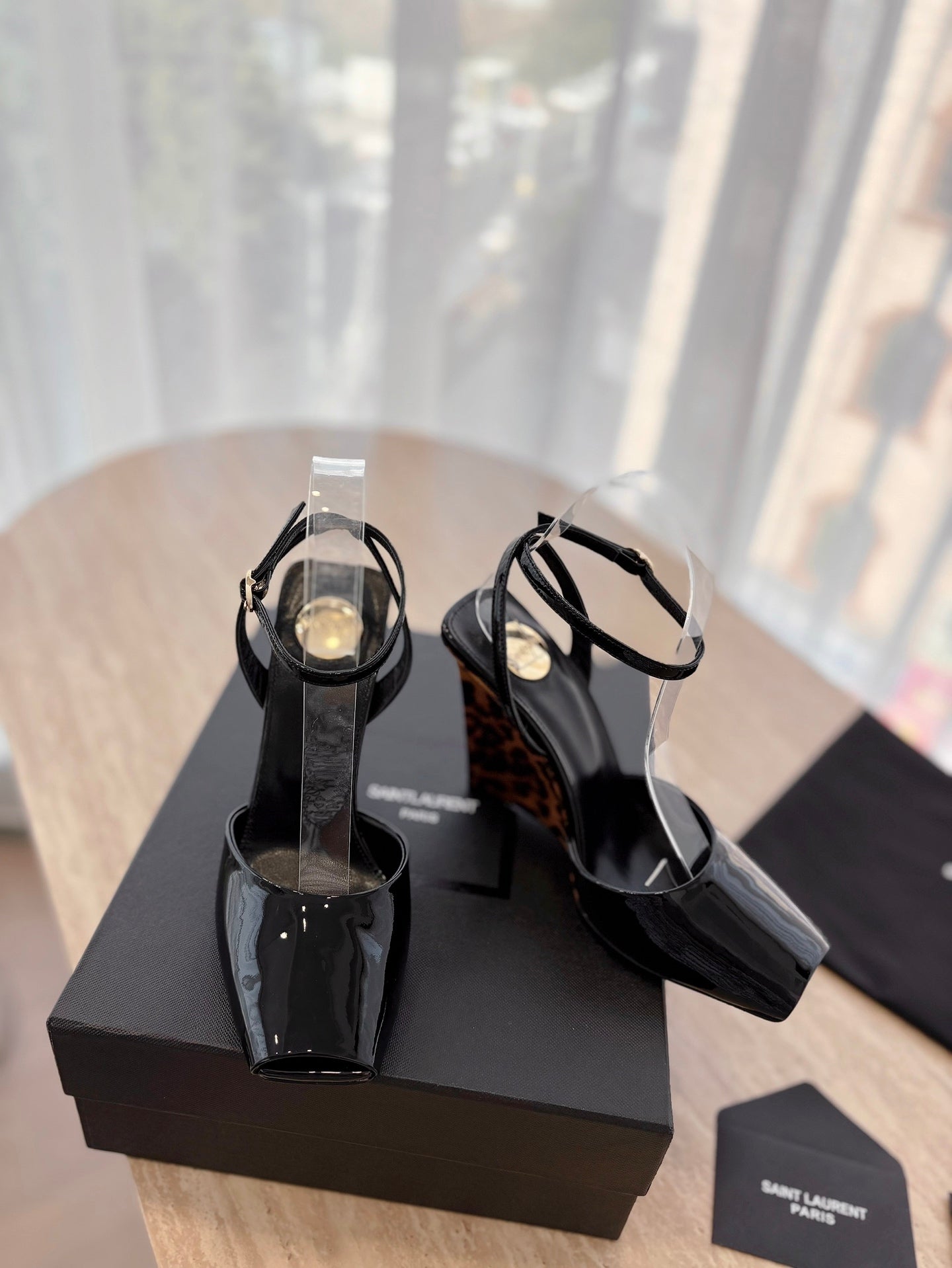 LOUIS VUITTON LA SCANDALE HIGH 10 CM WEDGE SANDALS IN BLACK PATENT LEATHER