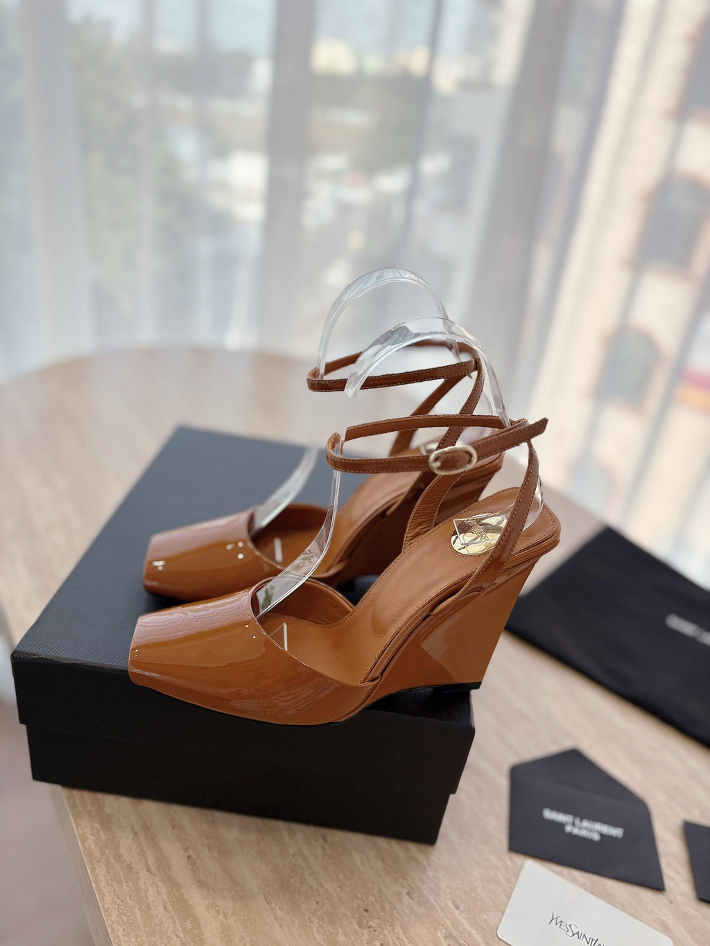 LOUIS VUITTON LA SCANDALE HIGH 10 CM WEDGE SANDALS IN BRONZE BROWN PATENT LEATHER