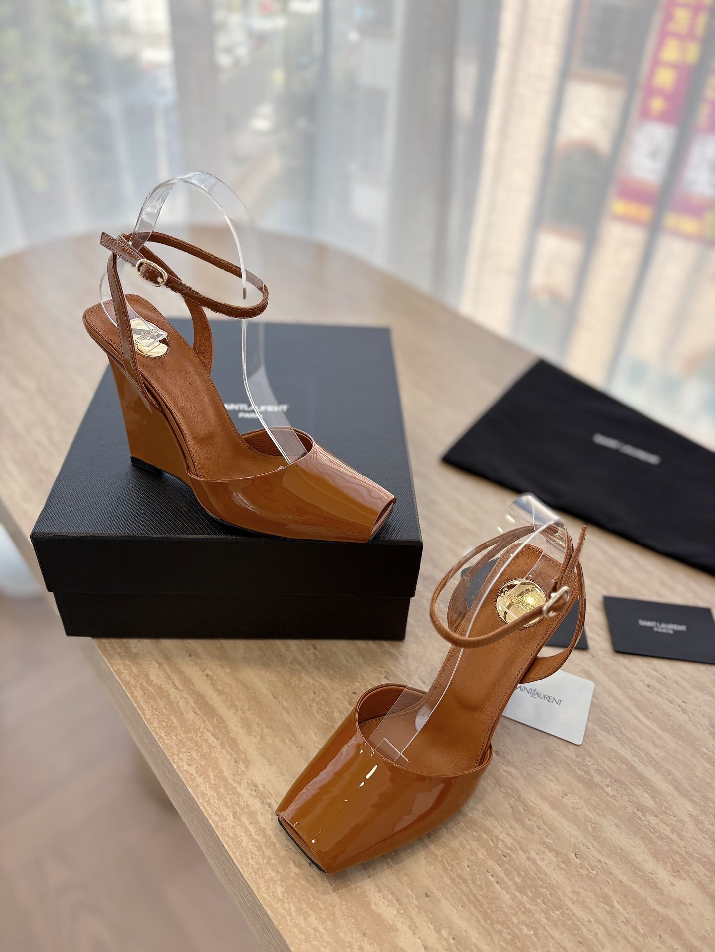 LOUIS VUITTON LA SCANDALE HIGH 10 CM WEDGE SANDALS IN BRONZE BROWN PATENT LEATHER