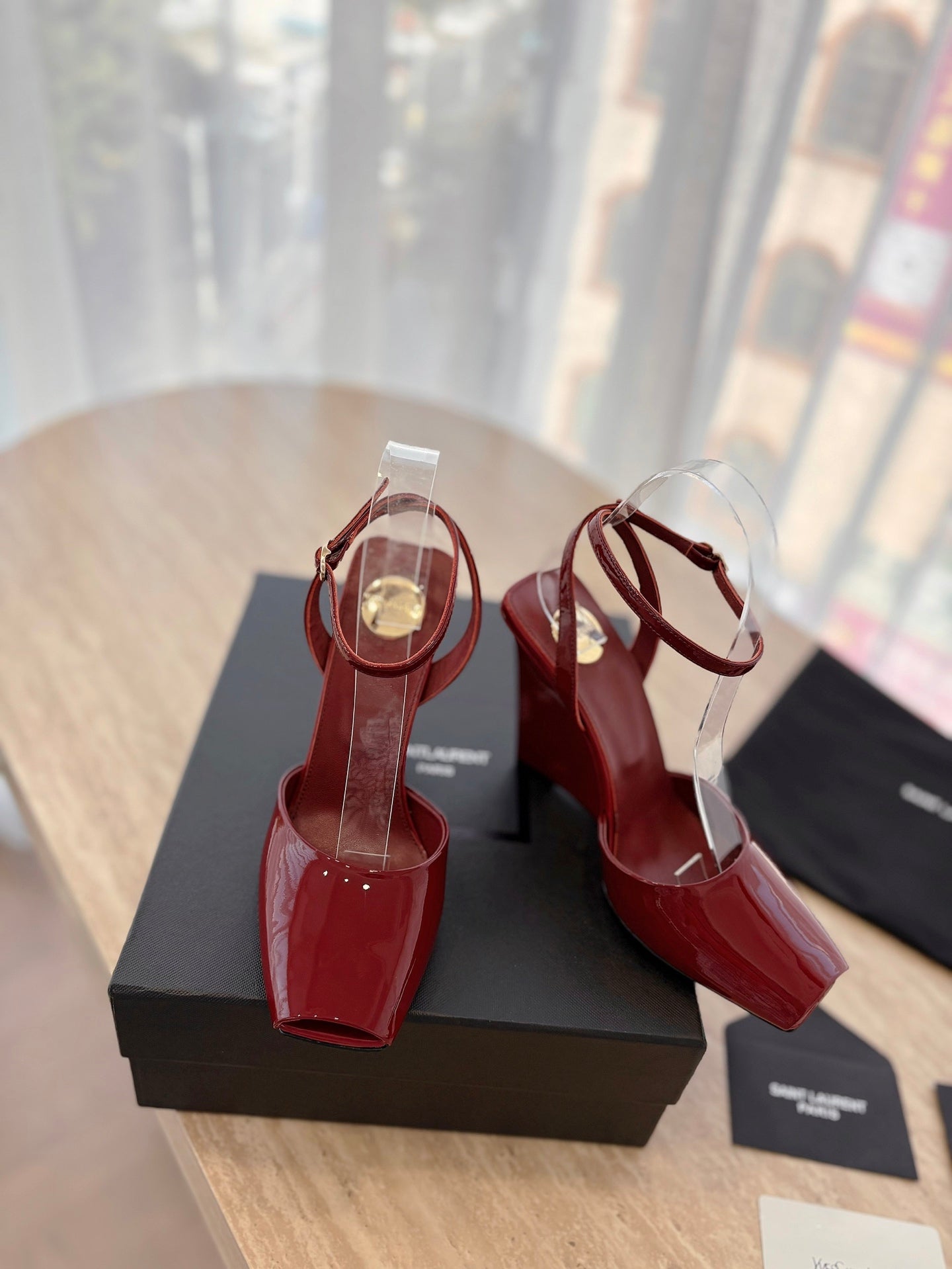 LOUIS VUITTON LA SCANDALE HIGH 10 CM WEDGE SANDALS IN CRIMSON RED PATENT LEATHER