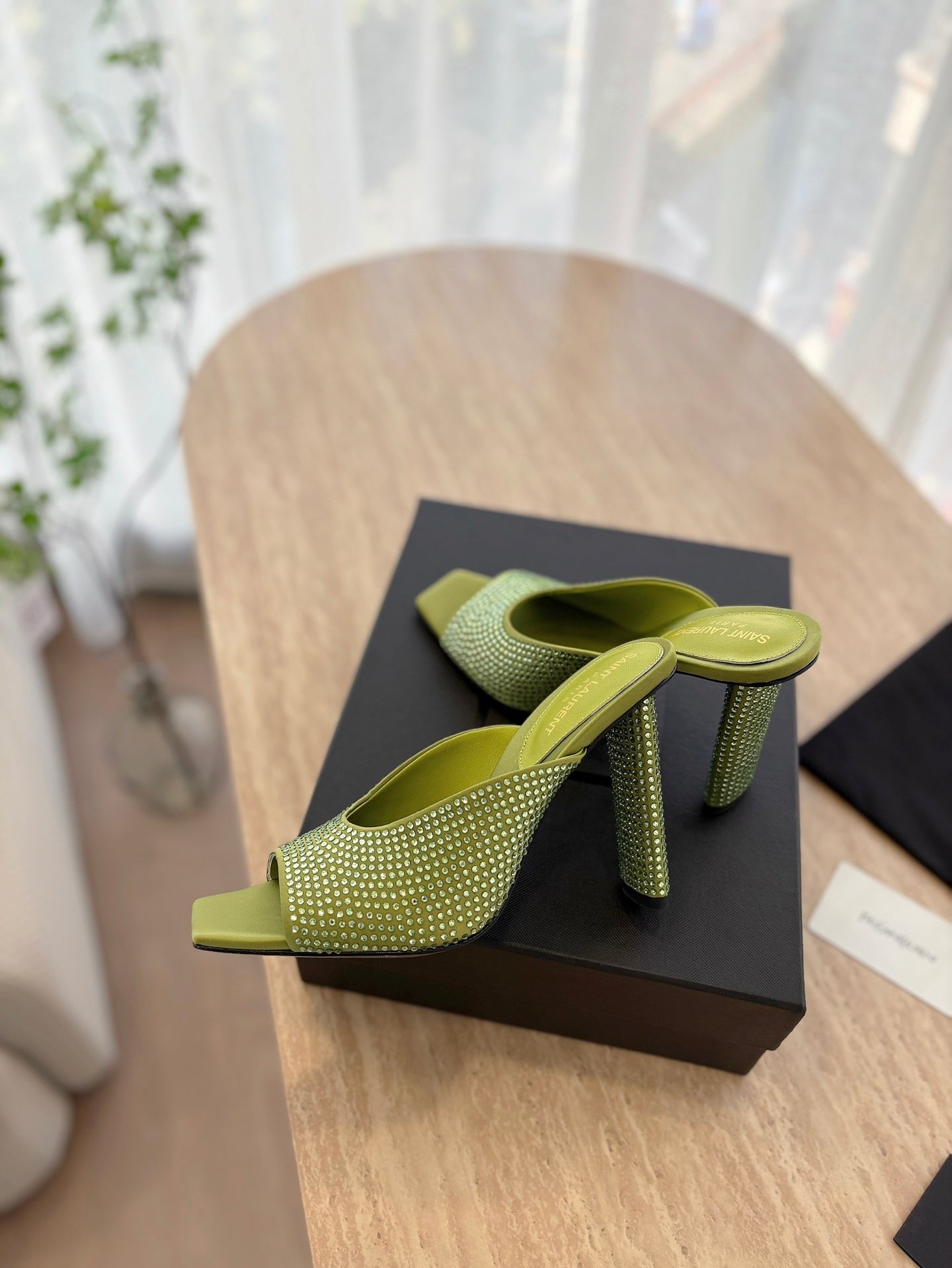 LOUIS VUITTON HIGH HEEL BLONDE MULE 10 CM IN OLIVE GREEN SATIN WITH RHINESTONES